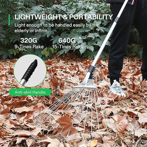 Miniatura 2 de VIVOSUN Juego de rastrillo de hojas de 2 piezas, rastrillo ajustable para jardíncamping con 159 dientes, dientes colapsados y mango telescópico (64