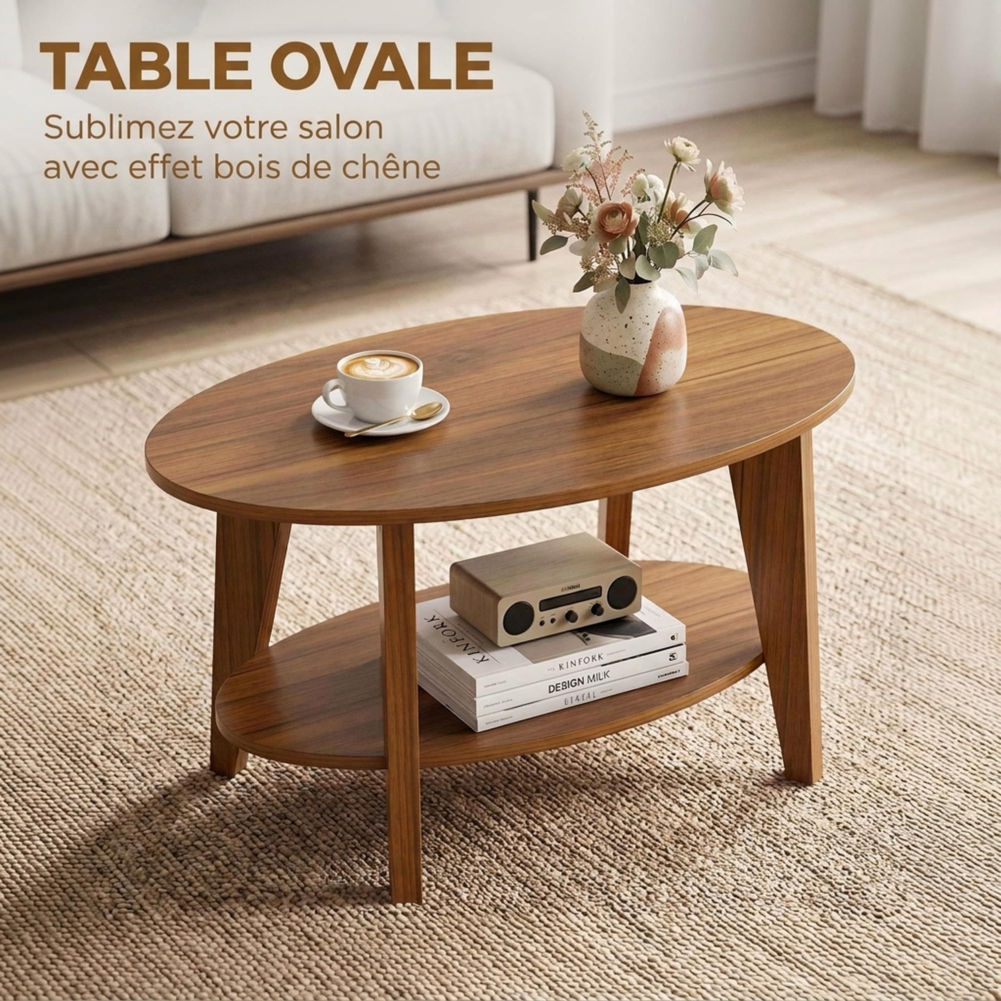 HOMCOM Table Basse Ovale à 2 Niveaux Étagère Ouverte 80x50x45 cm Chêne