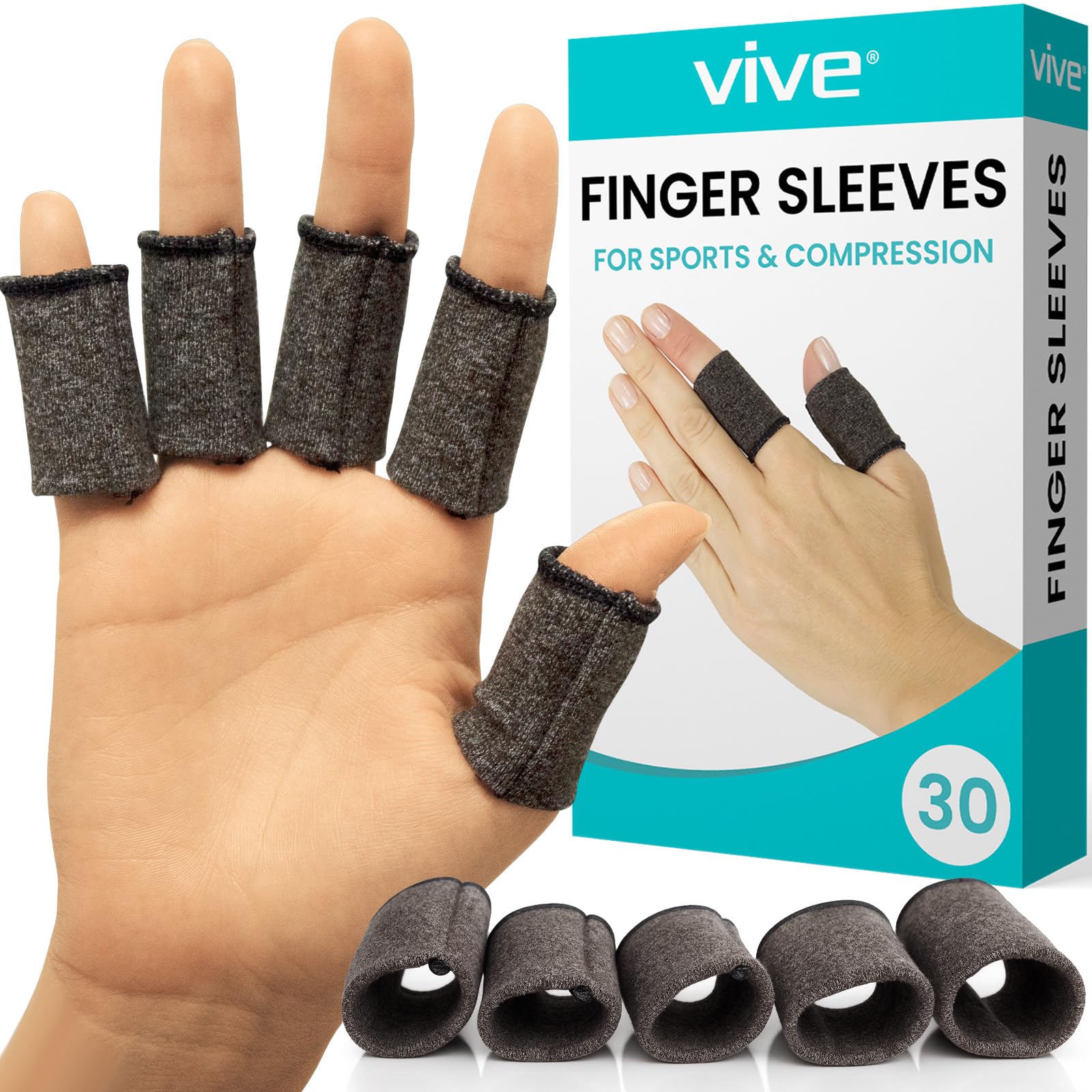 Vive Finger Sleeves (30 Pack) - Compression Cushion for Arthritis, Swelling, Joint Pain Relief - Thumb & Index Guard Wraps Basketball, Golf, Crochet,
