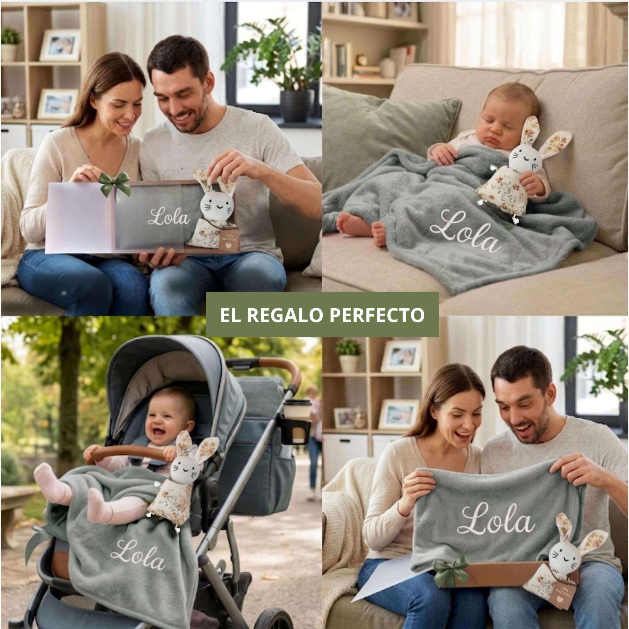 Manta Bebé Personalizada Nombre Bordado + Dou-Dou 100% Algodón - Fina y Ligera para Verano. Regalo Recién Nacido Niño Niña - Manta Suave y Peluche - Regalo Padres y Mamás Primerizas (Verde) — view 3