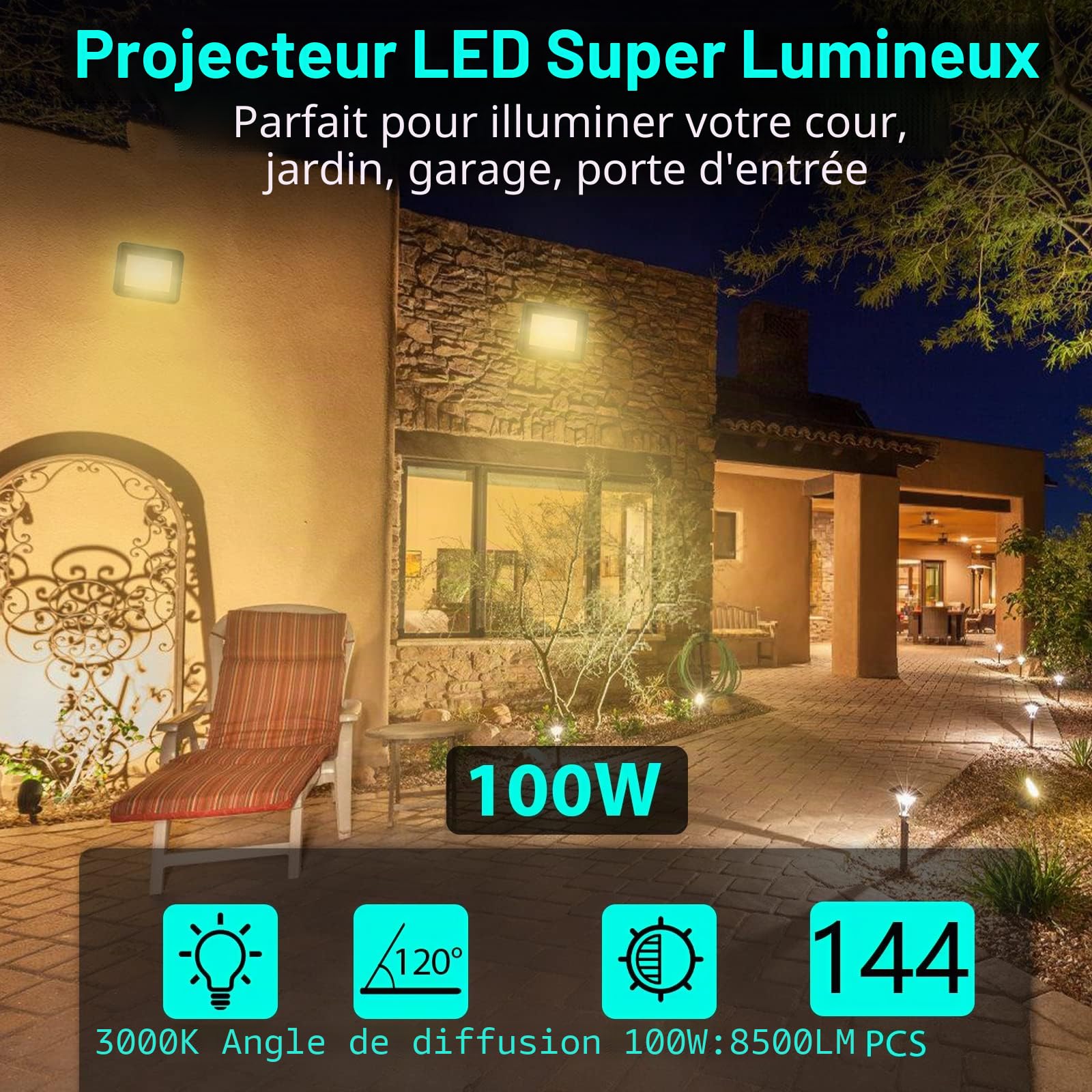 Lospitch Projecteur LED Extérieur 100W, Lot de 2 Spot LED Extérieur IP66 Étanche, 8500LM Superlumineux Spot Exterieur Floodlight 3000K Blanc Chaud, pour Cour, allées (sans prise)