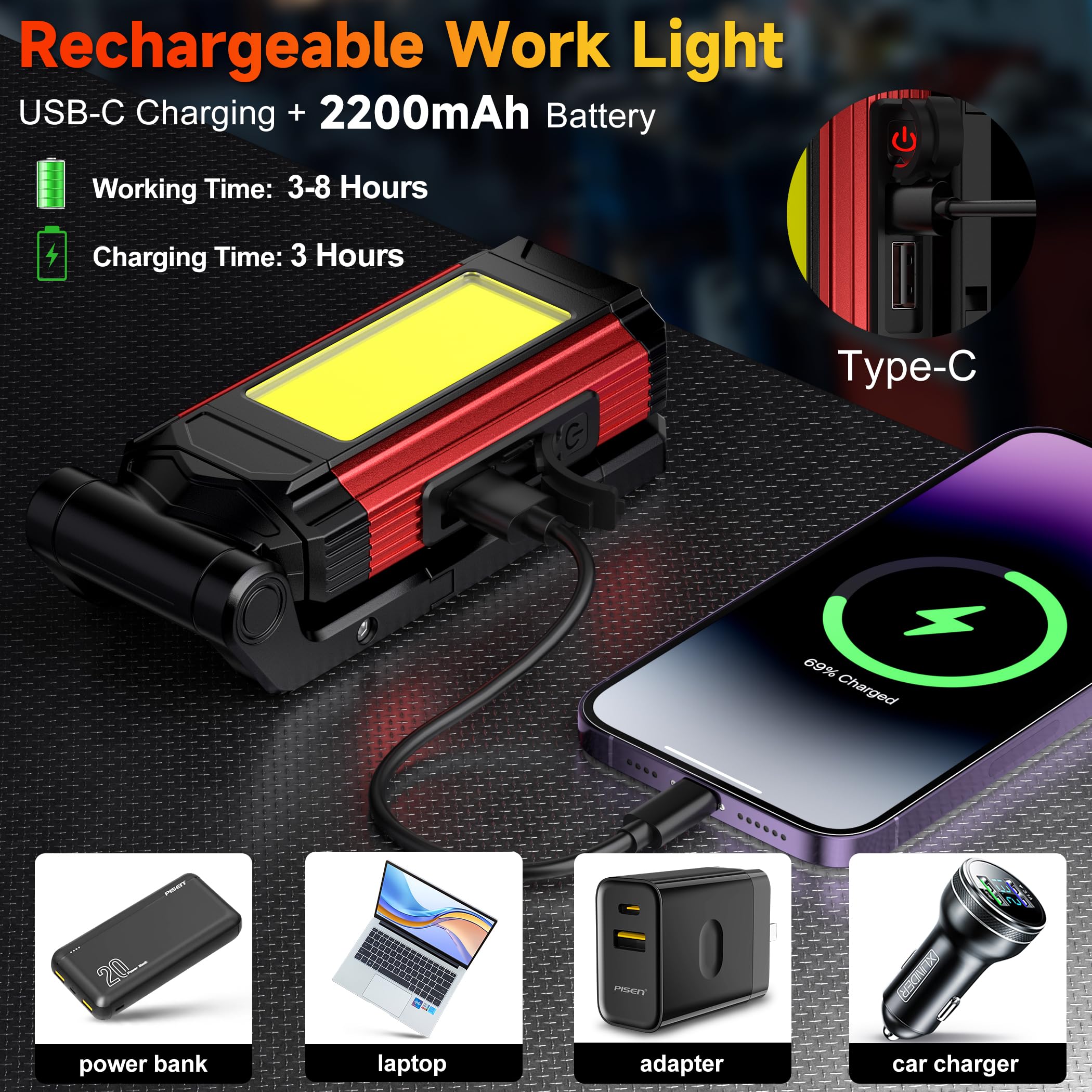 Daphomeu Lampa warsztatowa LED, 2 sztuki, ultra jasna lampa robocza COB i latarka LED, czerwone światło awaryjne z obrotową podstawą magnetyczną, możliwość ponownego ładowania, lampa inspekcyjna do