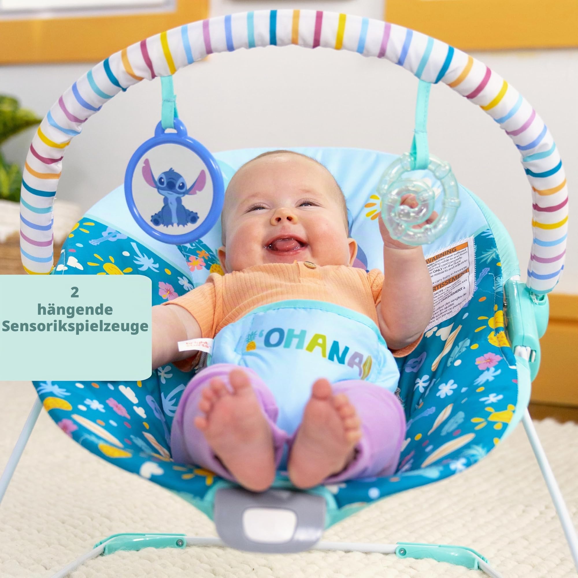 Bright Starts Disney Stitch Ohana Paradise Vibrierende Baby-Wippe, Abnehmbarer Spielbogen, 2 Spielzeuge enthalten, für 0-6 Monate