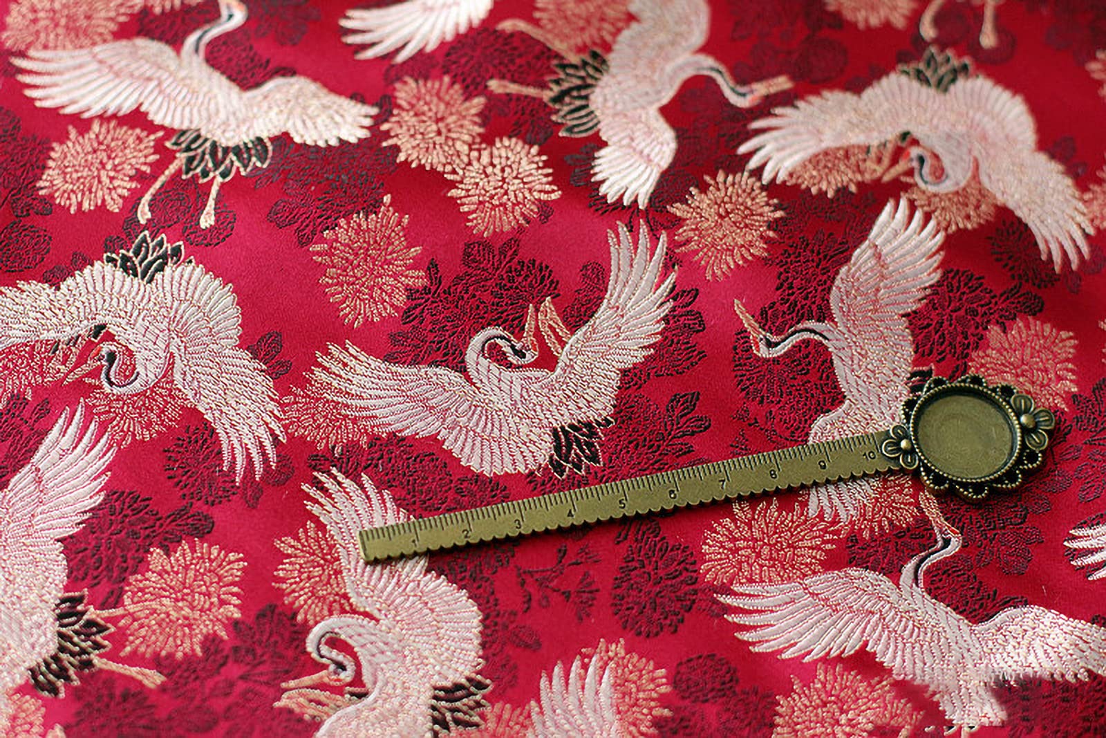 Tejido de satén Bordado, Tela Jacquard Satén Brocado Estampado Nube Grulla 75 cm Ancho Se Vende por Metro Multicolor(Mud Gold)