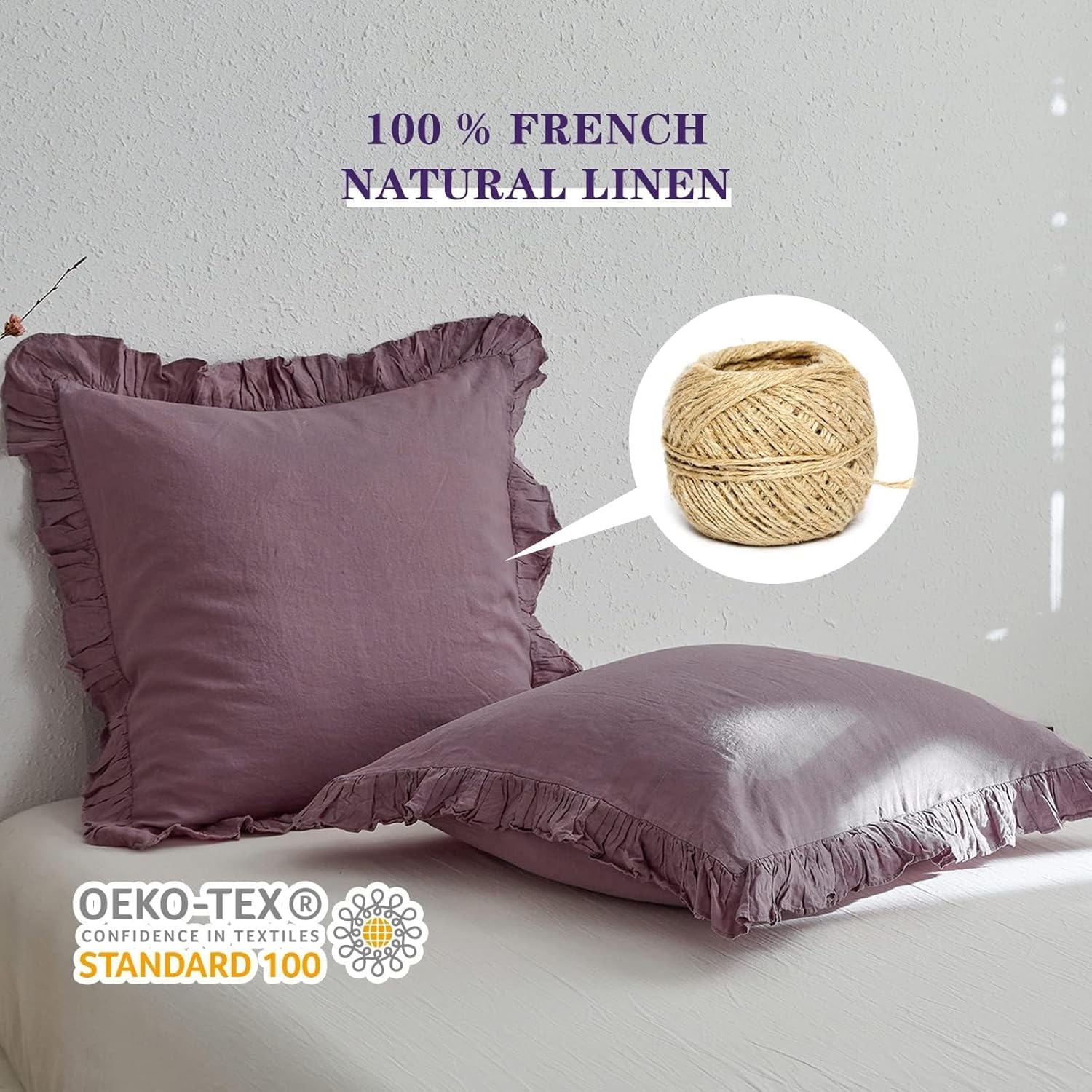 Simple&Opulence 100% Linen Euro Sham Covers with Ruffle, 26x26 Inch Pillow Covers Set of 2, Euro Pillow Shams for Bed Couch French Home Decor Luxury and Breathable Square Pillow Cases, Purple