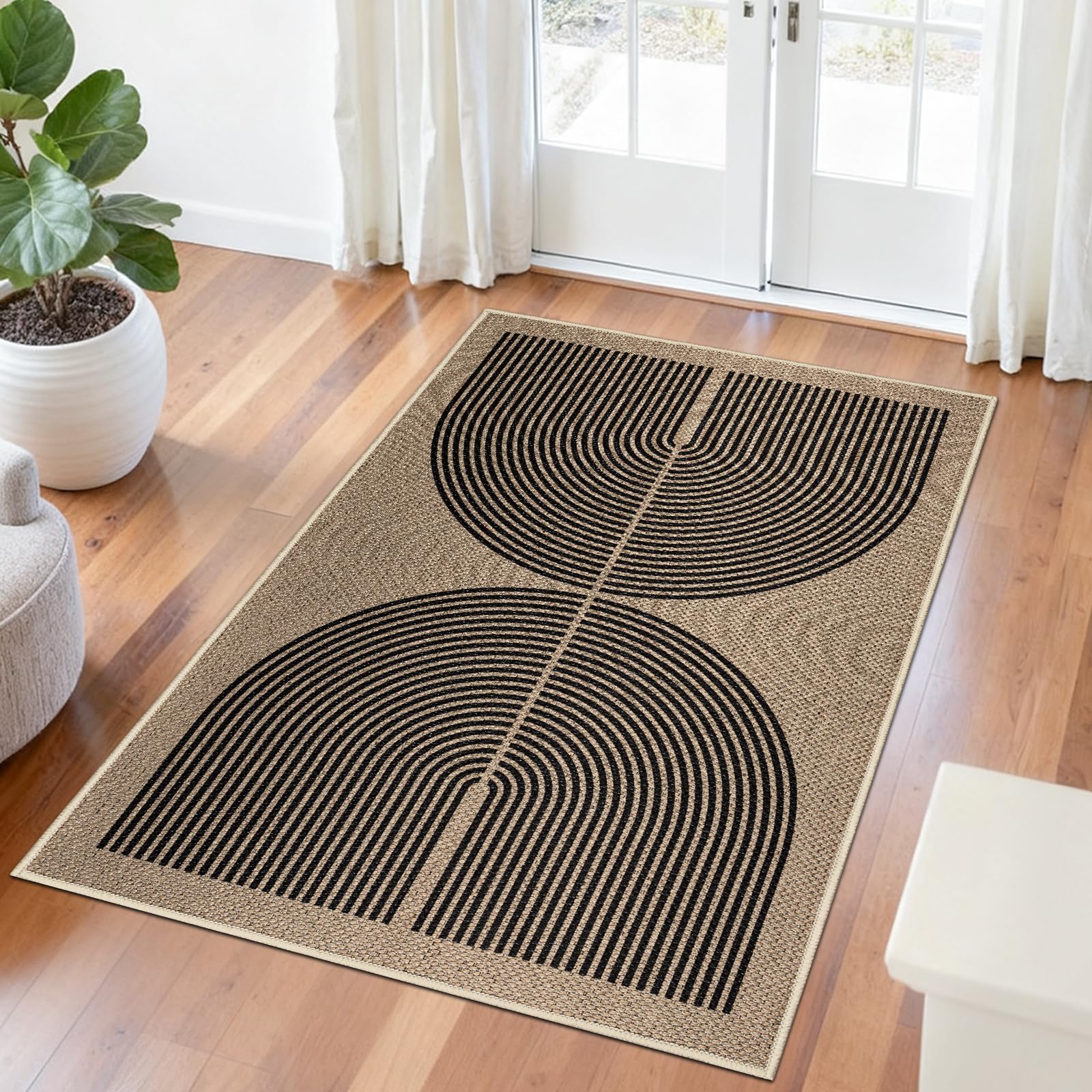 Capslpad Vloerkleed voor woonkamer, geruite jute look, keukentapijt, natuurlijk, wasbaar, antislip, voor slaapkamer, balkon, ingang, eetkamer, kantoor, decoratie, 160 x 230 cm, zwart