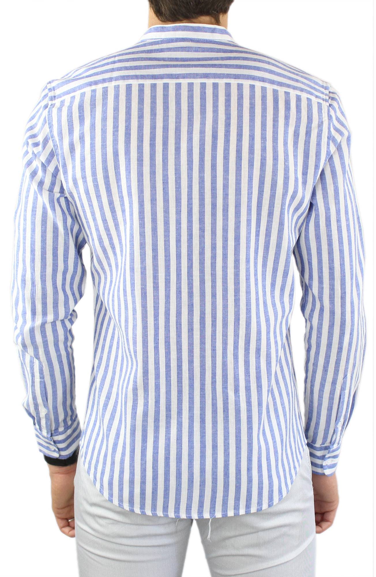Camisa de lino para hombre Coreana a rayas celestes de 100 % lino Slim Fit elegante de manga larga a rayas