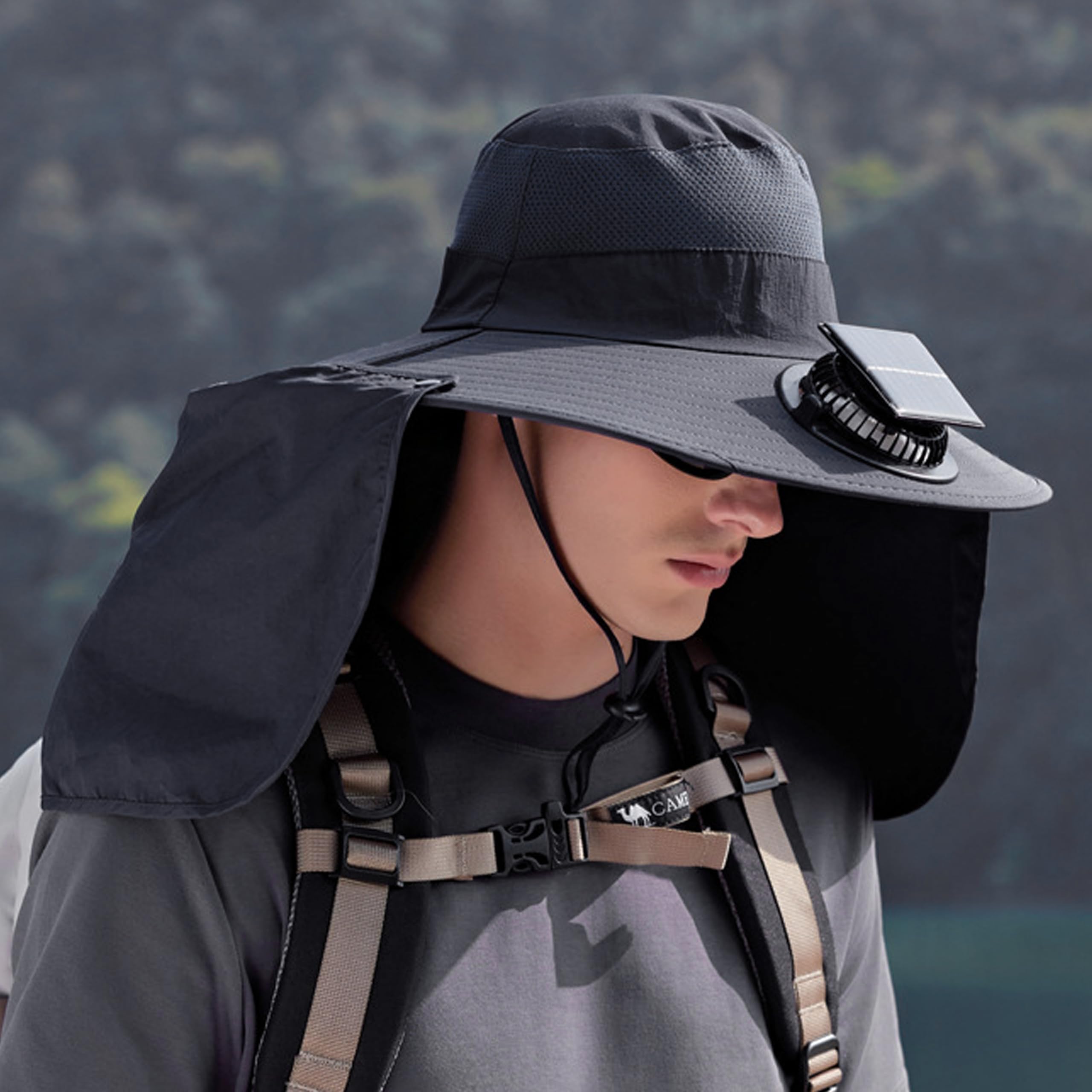 RUIXIA Chapeau de Soleil à Large Bord avec Ventilateur Solaire pour Homme et Femme Chapeau de Pêche avec Protège Nuque Amovible Bob Protection UV Chargement Solaire et USB