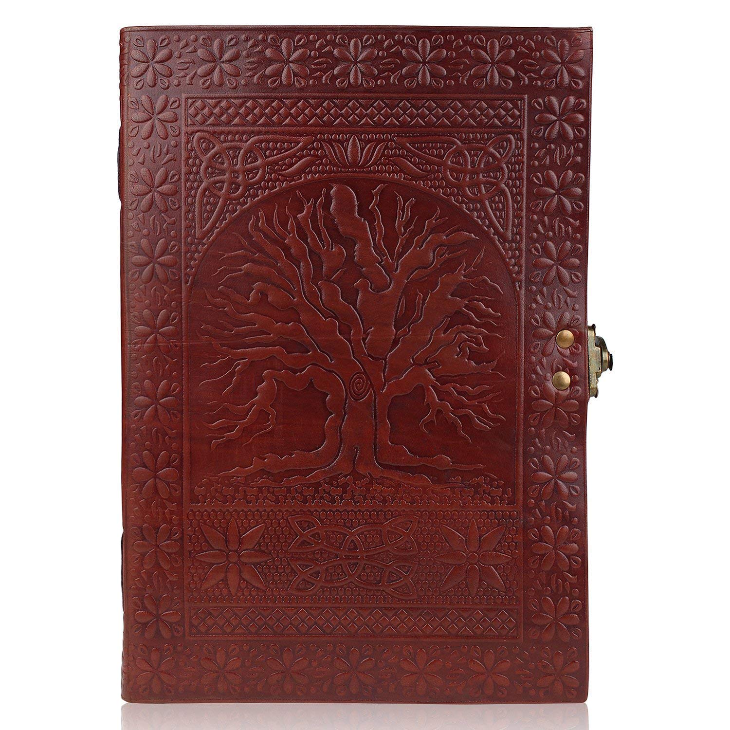 Handmade Leather Embossed Tree of Life Journal Diary with Strap Closure Blank Book (10x7 Inch)