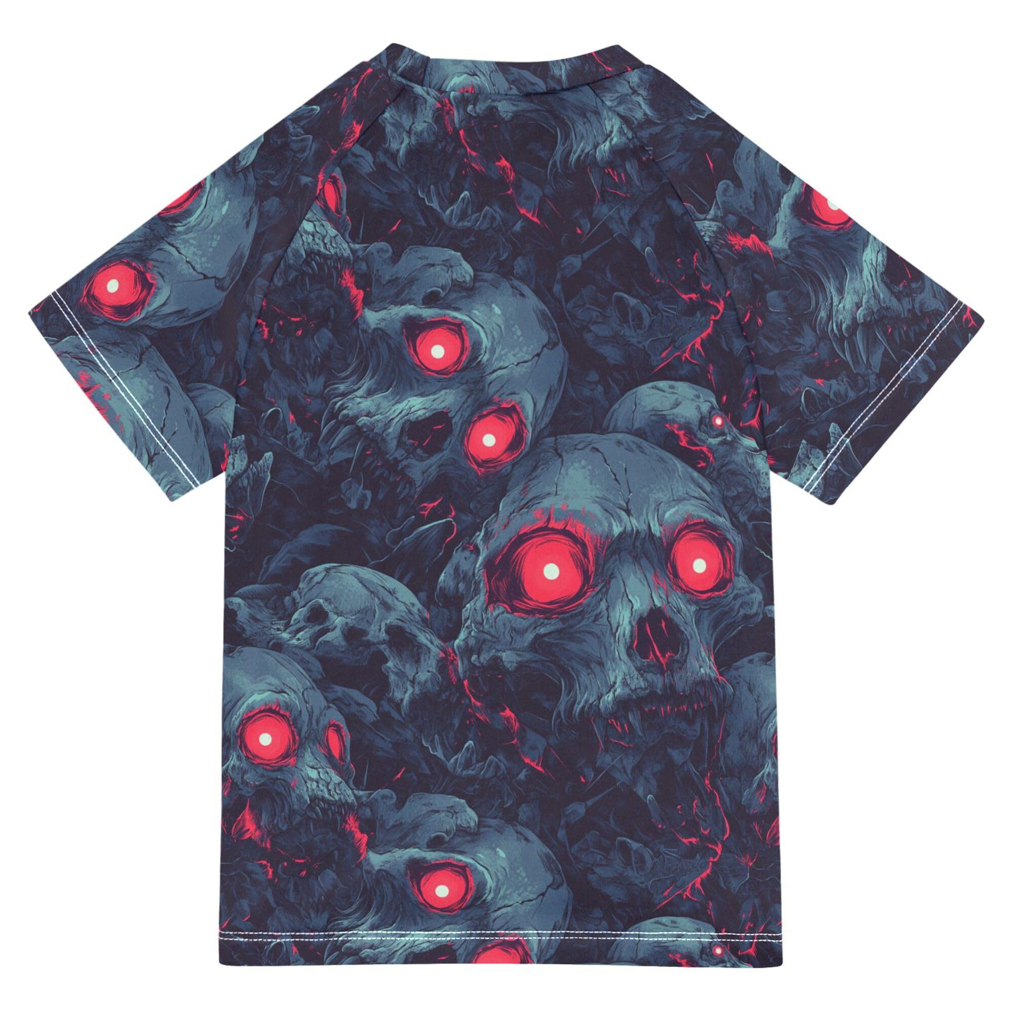 Skull Red Neon Eyes Bathing Suit Girls Short Sleeves Workout Shirts Swimwear Beach Tops 3T