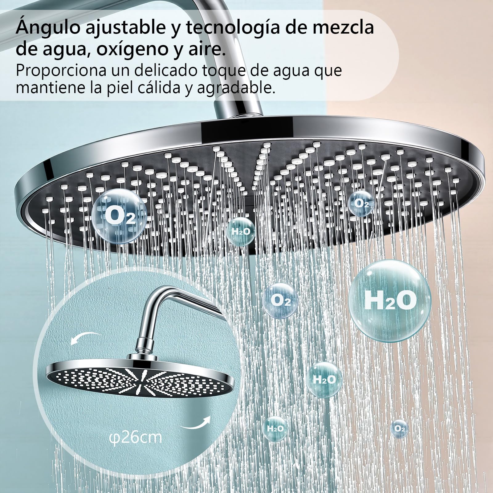 Kit de ducha sin grifería ajustable en altura Ducha de lluvia redonda 26 cm y ducha de mano 3 chorros Acero inoxidable instalación rápida