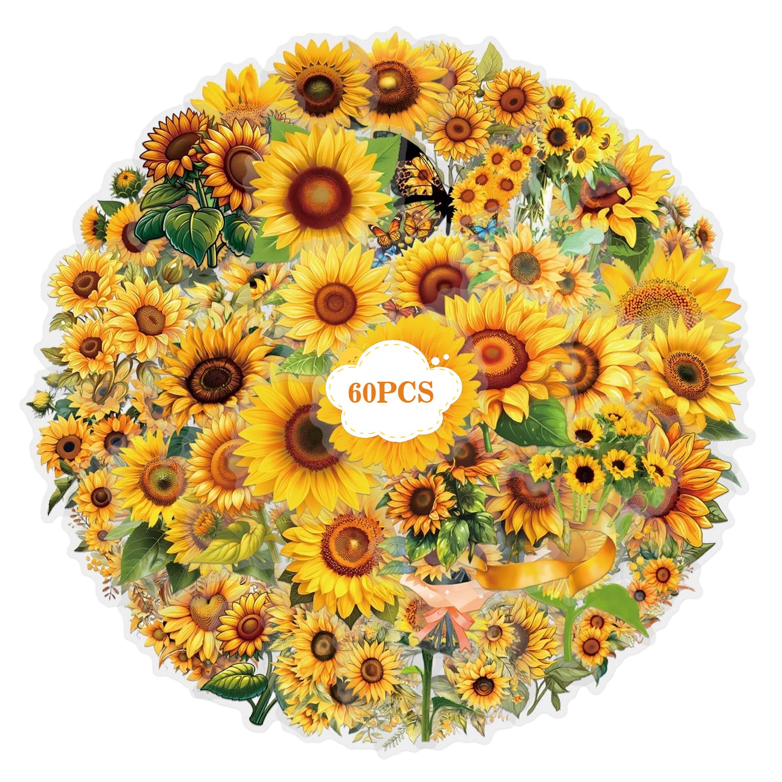 60 Stück Sonnenblume Transparente Blumen Aufkleber, Wasserdichte Vinyl Sticker, Scrapbooking Aufkleber Blumen PET, Frühlingsaufkleber Für Laptop, Wasserflasche, Koffer, Gitarre, Handyhülle, Tagebuch