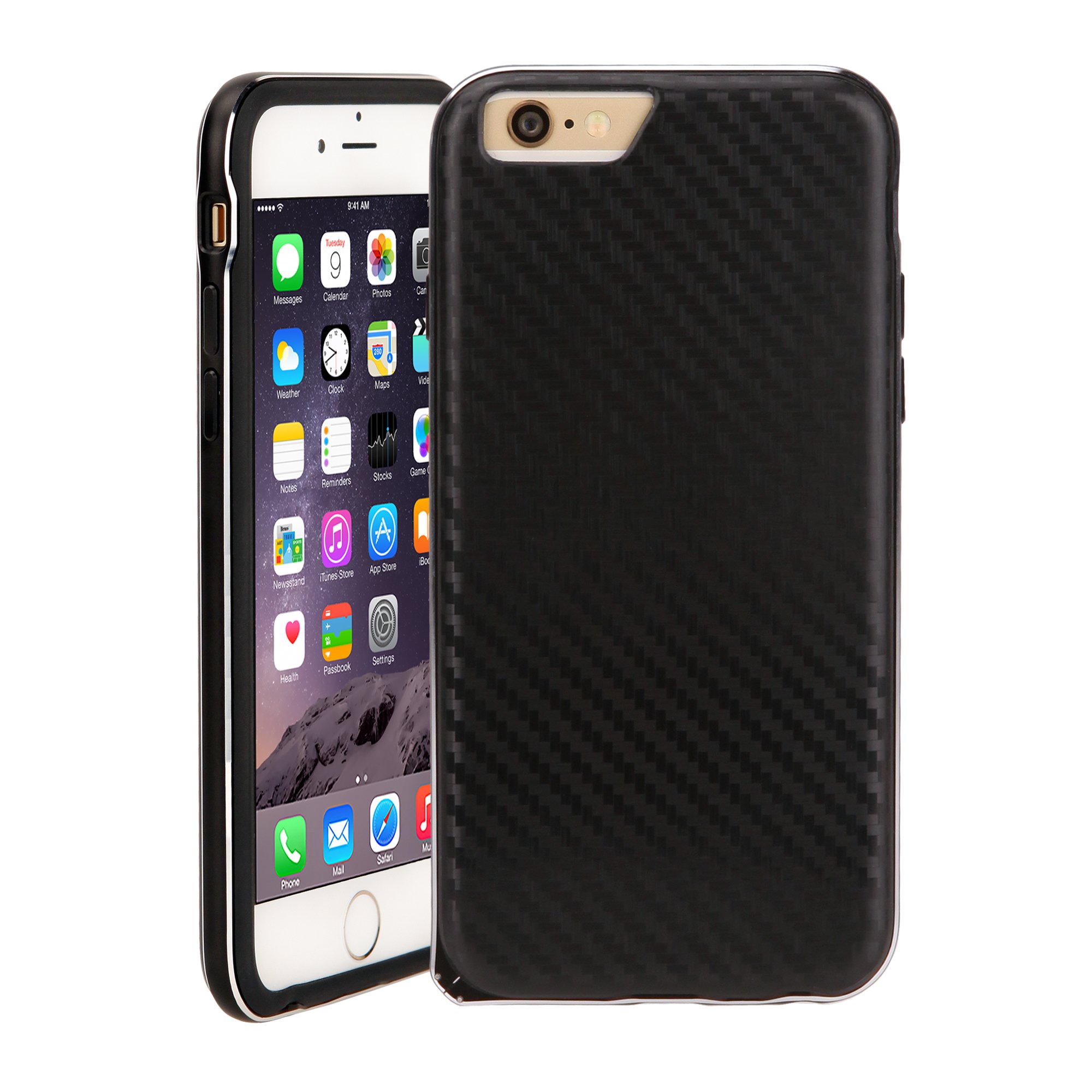 WOWCASE Alloy Bumper & IMD TPU Cover Case (Black / Carbon Fiber Black) for Apple iPhone 6