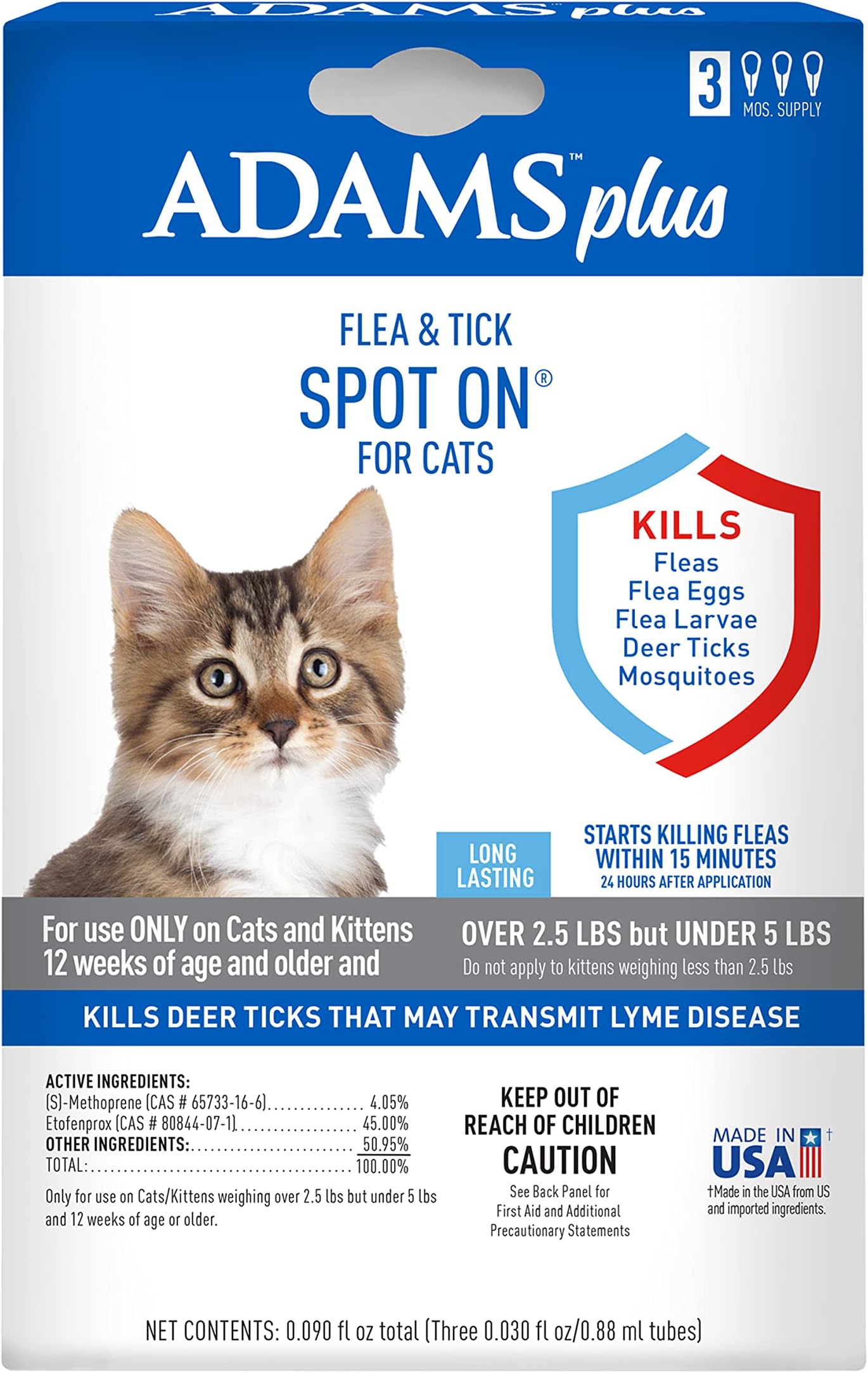 Adams Plus Flea & Tick Spot On Treatment for Cats & Kittens, Over 5 lbs, 3 Month Supply