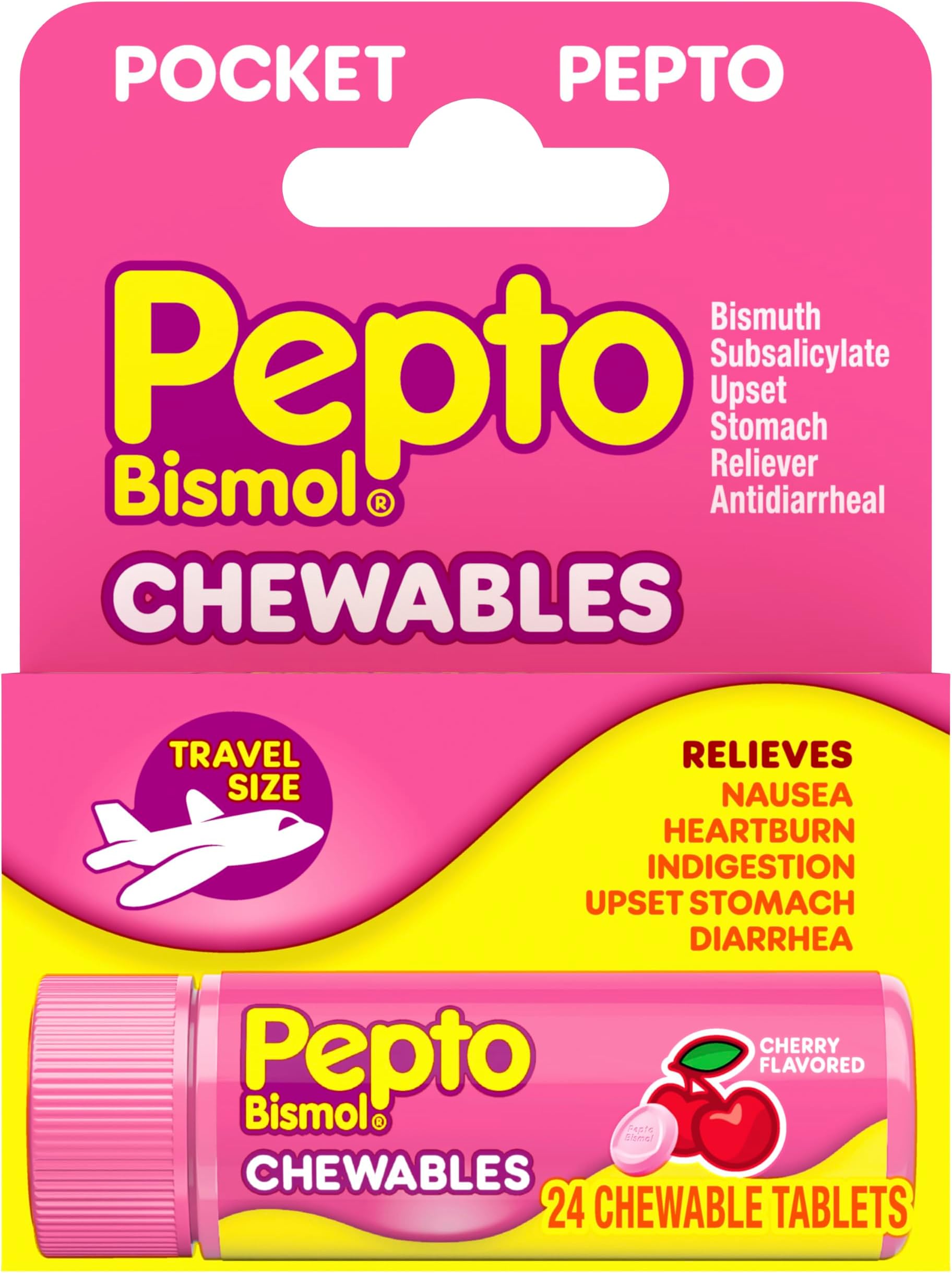 Pepto Bismol Cherry Chewable Tablets, Pocket To-Go, Upset Stomach Relief, Nausea Relief, Heartburn Relief, Indigestion Relief, Anti Diarrhea Medication for Adults - 5 Symptom Relief, 24 ct