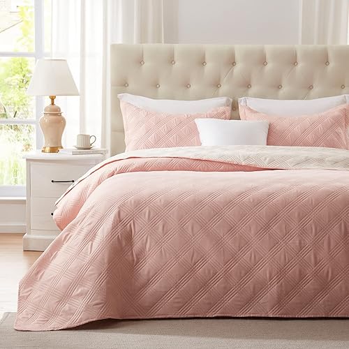 Miniatura 2 de NexHome - Juego de edredón ligero, reversible, unicolor, de microfibra, con patrón entramado de diamantes, color rosa rubor, tamaño King, con fundas