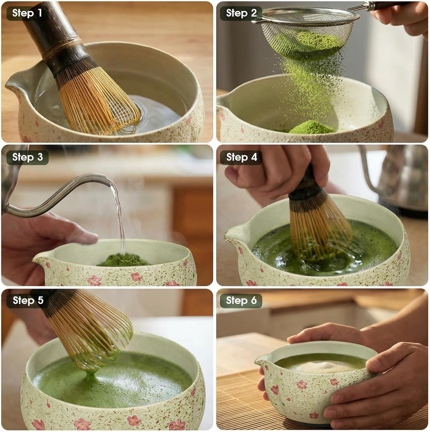 7-Piece Matcha Set with Ceramic Matcha Bowl, Bamboo Whisk (Chasen) & Holder, Sifter, Tea Scoop & Rest, Special Bamboo Tea Mat - Perfect Matcha Kit for Matcha Lovers & Gift Giving, Sakura - Image 8