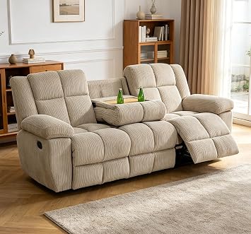 Recliner Sofa Set for Living Room Furniture Sets,Corduroy 3 Seater Reclining Sofa with Double Recliner/Cup Holders/Drop-Down Table for Living Room/Office/Lounge1 Piece,Paddy