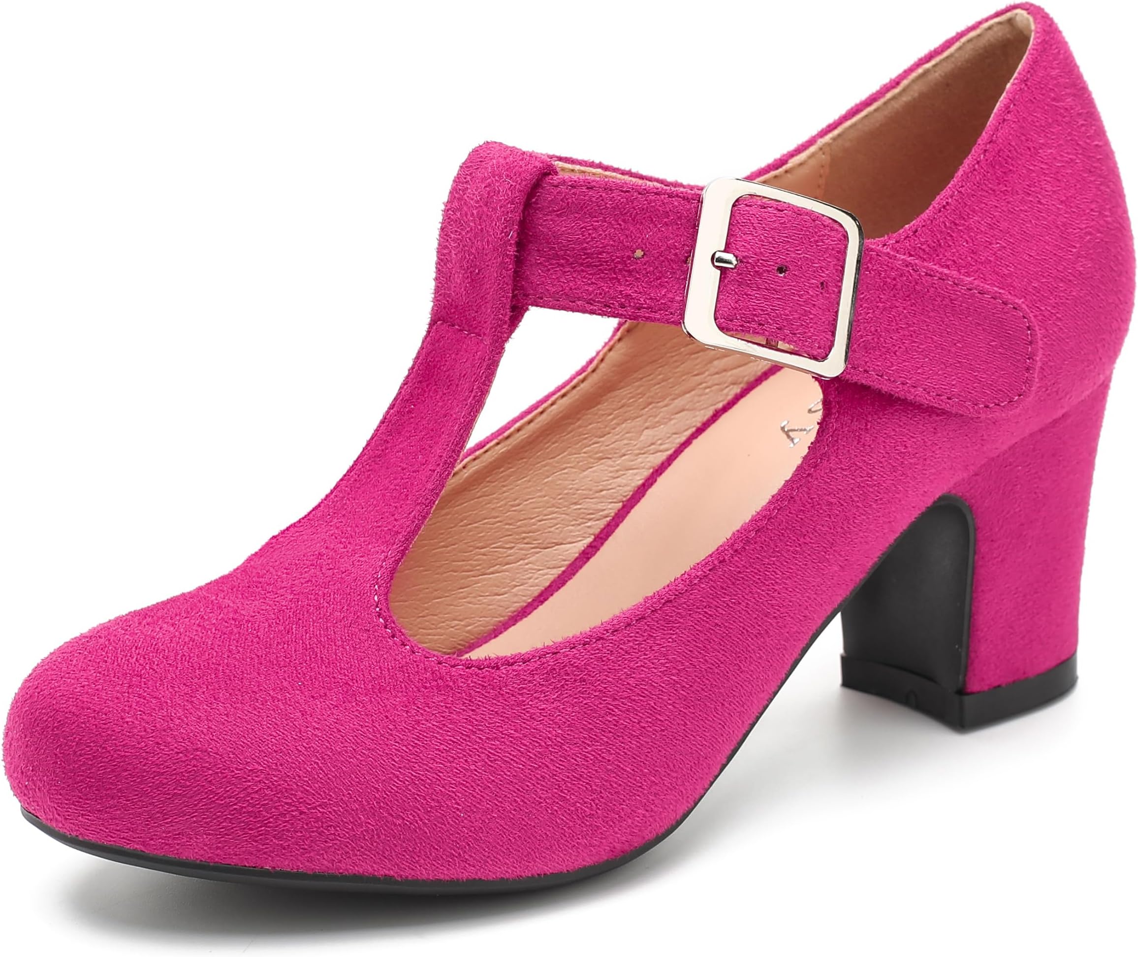 EugisyWomen's T-Strap Mary Jane Pumps Low Block Chunky Heels Closed Round Toe Dress Wedding Office Work Shoes
