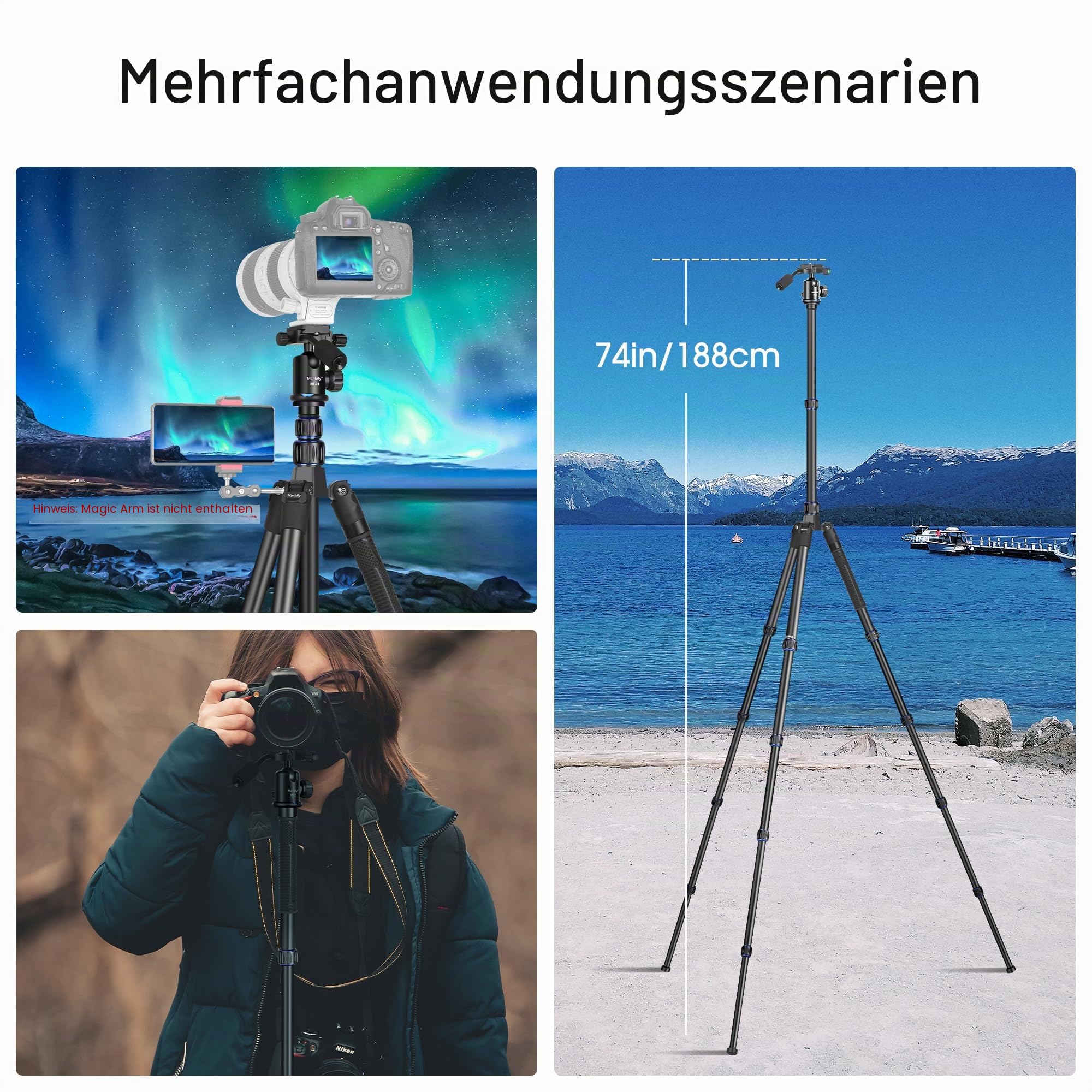 Stativ Kamera Manbily 188cm 74" Dreibein stative Leichtes Kompaktstativ 360° Kugelkopf mit Griff für DSLR Kamera Einbeinstativ Reisestativ aus Aluminium 1/4'' Gewinde Projektor Video Fotostativ Vlog