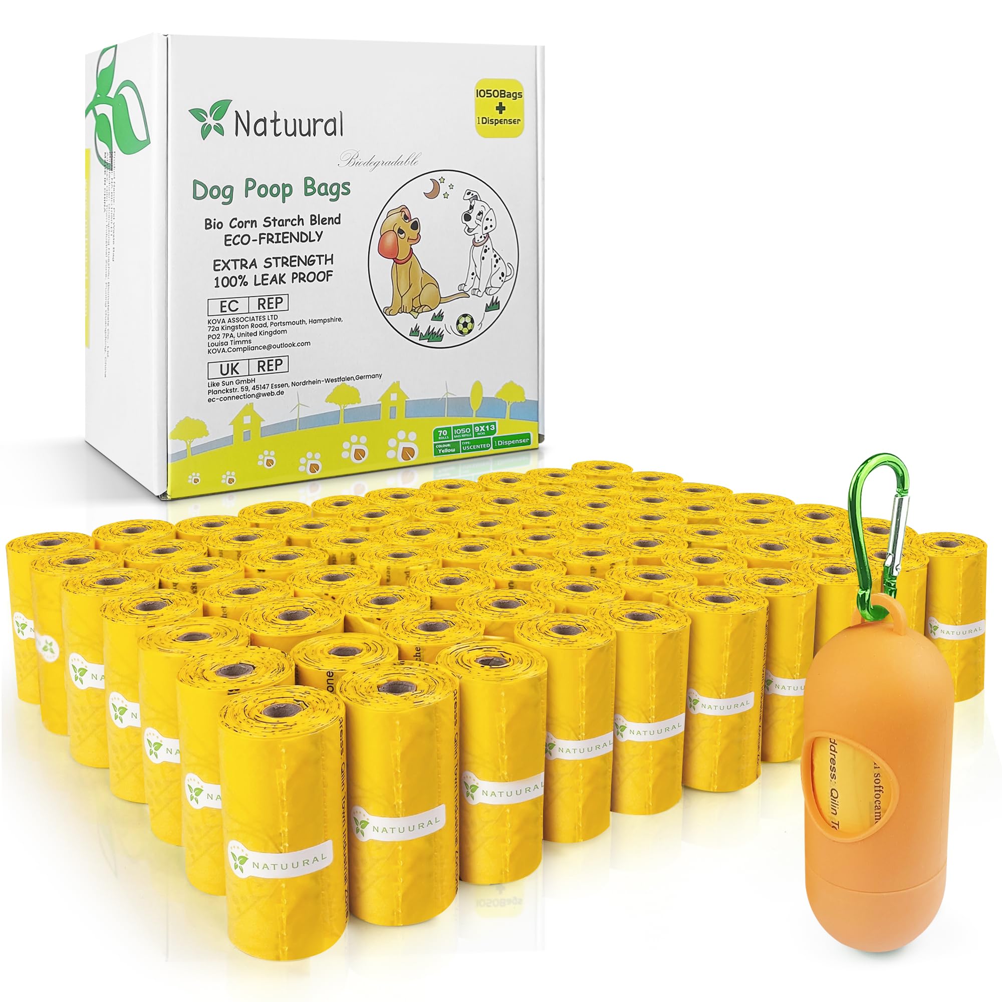 Poop Bags for Dogs-1050 Counts, 70 Rolls With a Free Dispensers, Biodegradable Poop Bags Made of Cornstarch, Size: 9x13 Inch, Extra Thick Strong and 100% Leak Proof (Yellow)