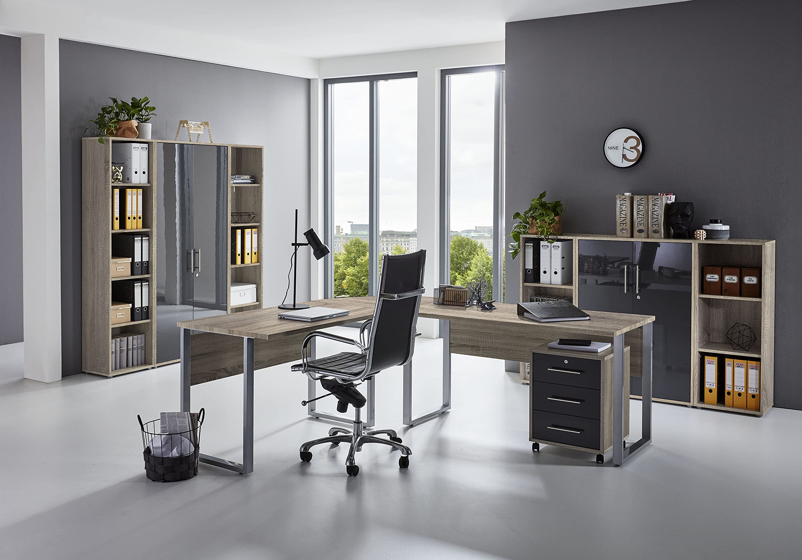 Büromöbel Set Arbeitszimmer Office Edition Eiche Sonoma Anthrazit Hochglanz lackiert (Set 5)