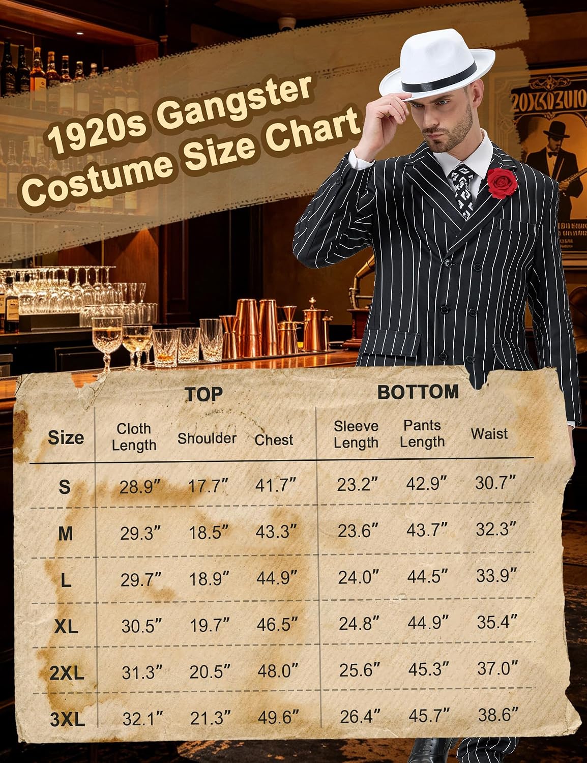 1920s Gangster Costume for Men, 5 Pcs Pinstripe Mobster Halloween Suit Set