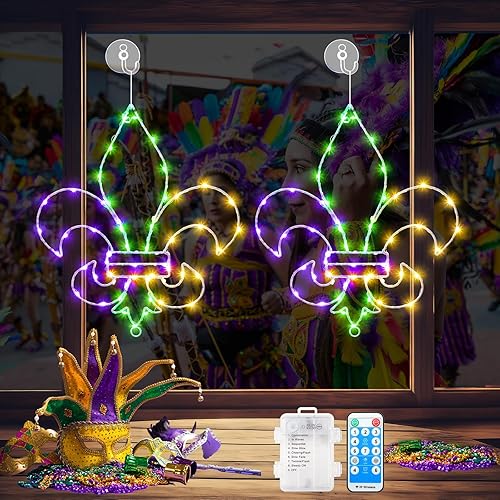Miniatura 1 de Rossesay Luces de ventana de Mardi Gras, 2 paquetes de decoraciones de ventana de Mardi Gras, Mardi Gras, flor de lis, luz colgante con ventosa,