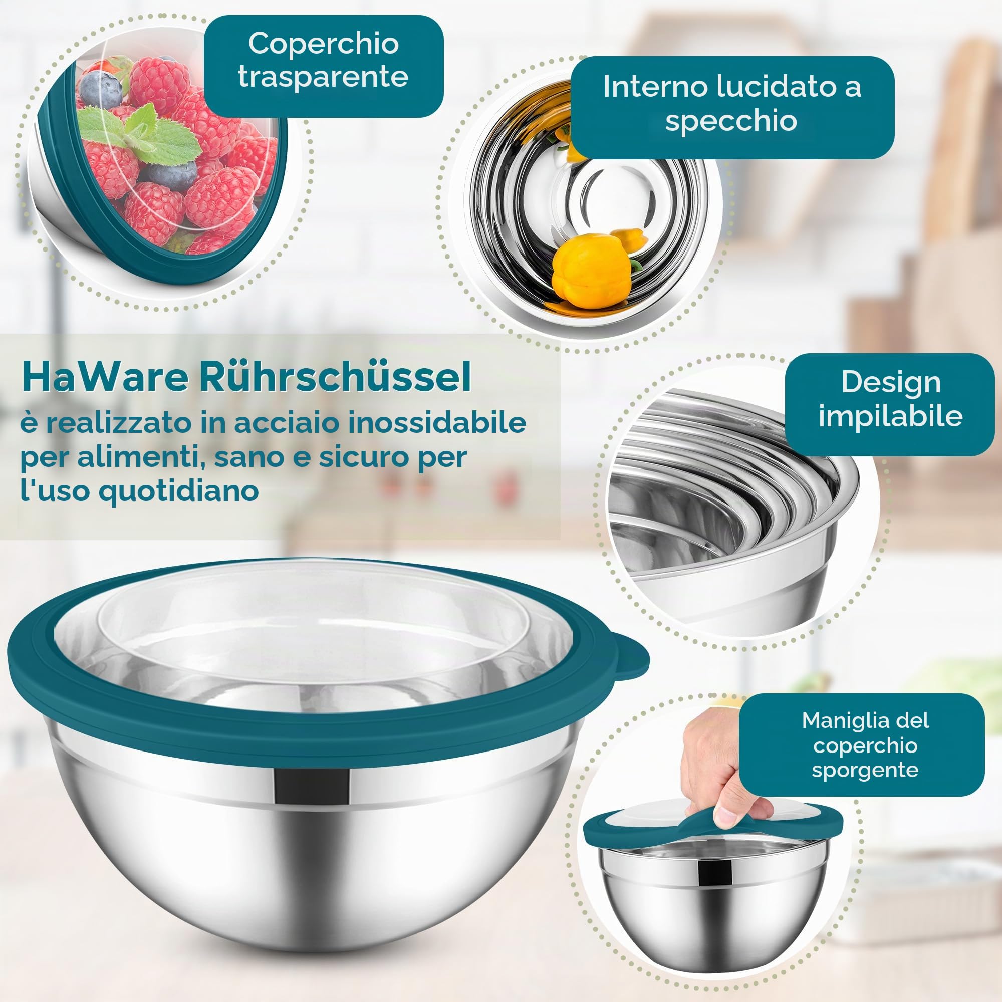 HaWare Set di 5 ciotole per insalata, in acciaio inox, con coperchio trasparente ermetico e 3 grattugie, per cucinare, 4,5 l, 2,8 l, 1,5 l, 1,2 l, 0,7 l, lavabile in lavastoviglie, blu