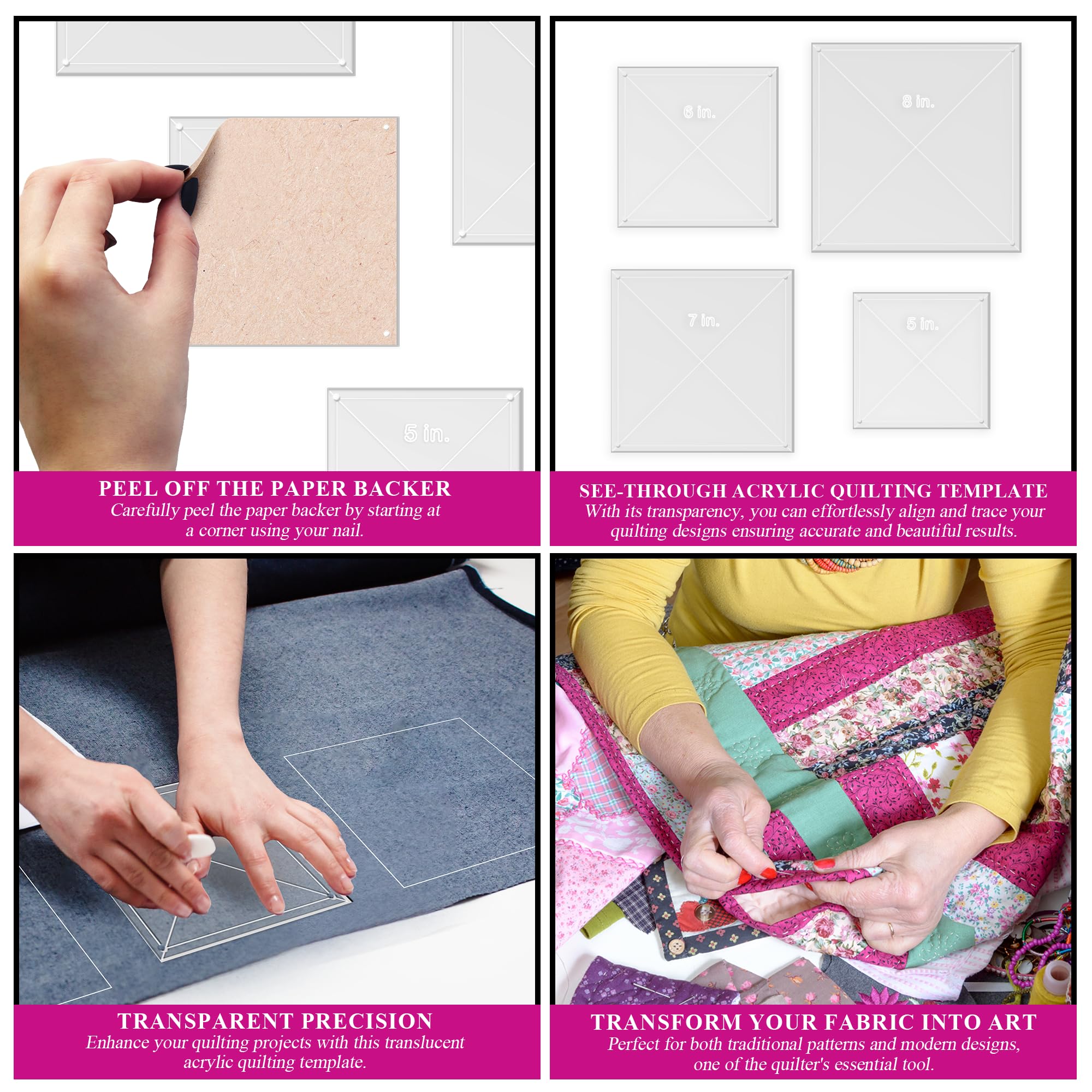 4-Piece Half-Size Square Quilting Template Set - 1/8" Clear Acrylic (TCR Templates)
