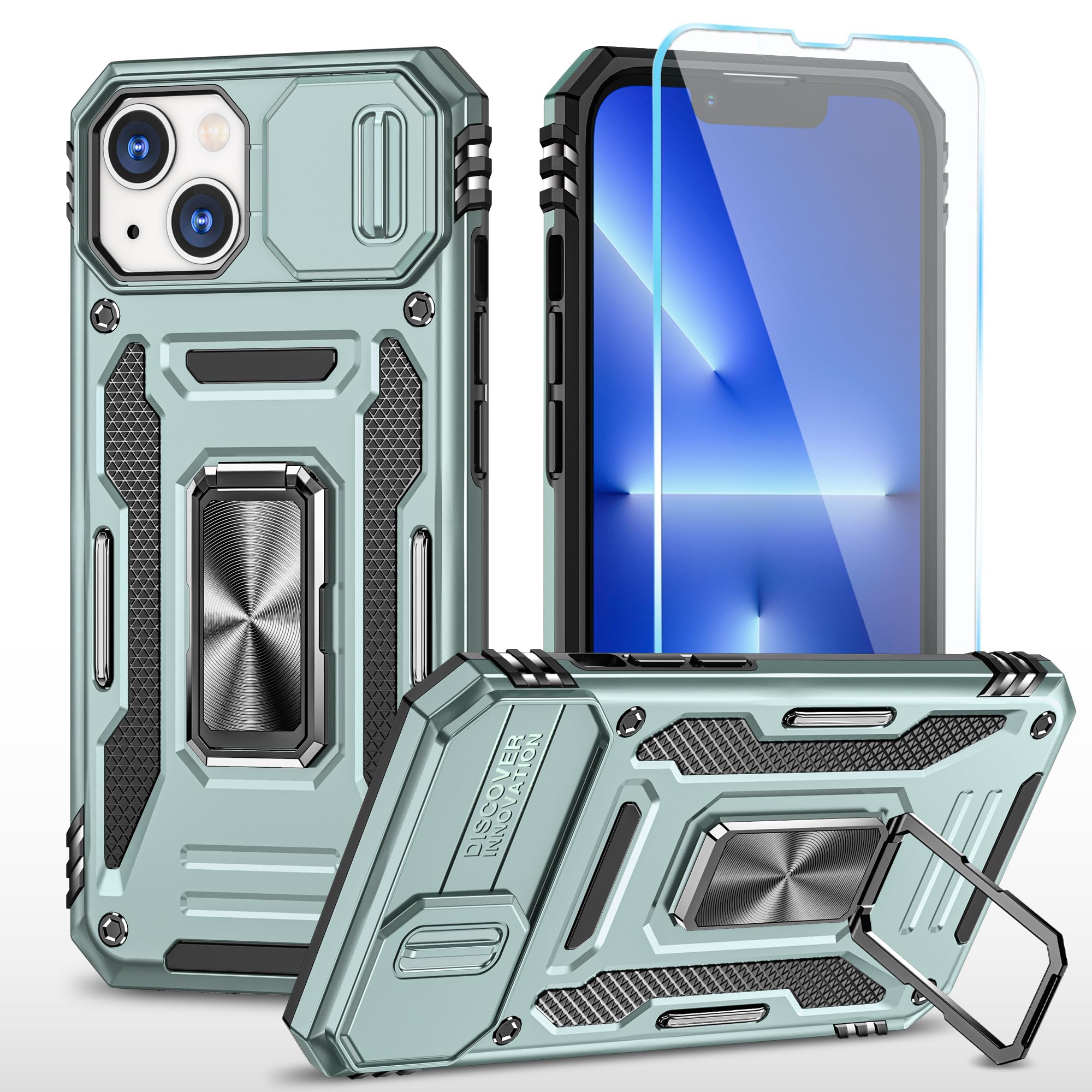 SunStoryCompatible with iPhone 13 Case/iPhone 14 Case with HD Screen Protector & Slide Camera Cover & Rotated Ring Kickstand,[Military-Grade] Phone Case for iPhone 13/14 (Z_Green)