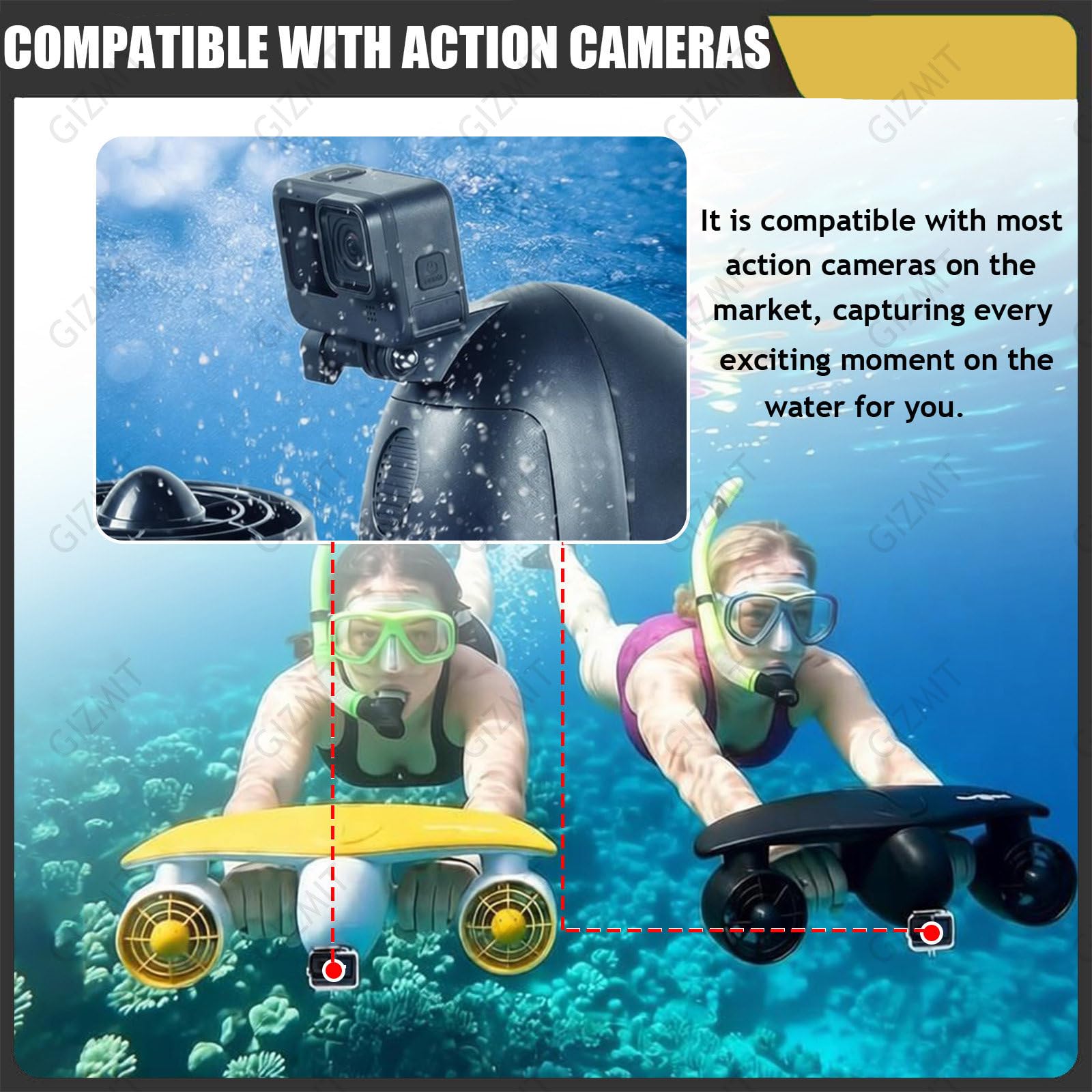 Scooter Submarino, propulsor acuático de Doble Motor con Soporte para cámara de acción, 2 Modos de Velocidad y batería extraíble; Ideal para Buceo y natación en Piscina. Black