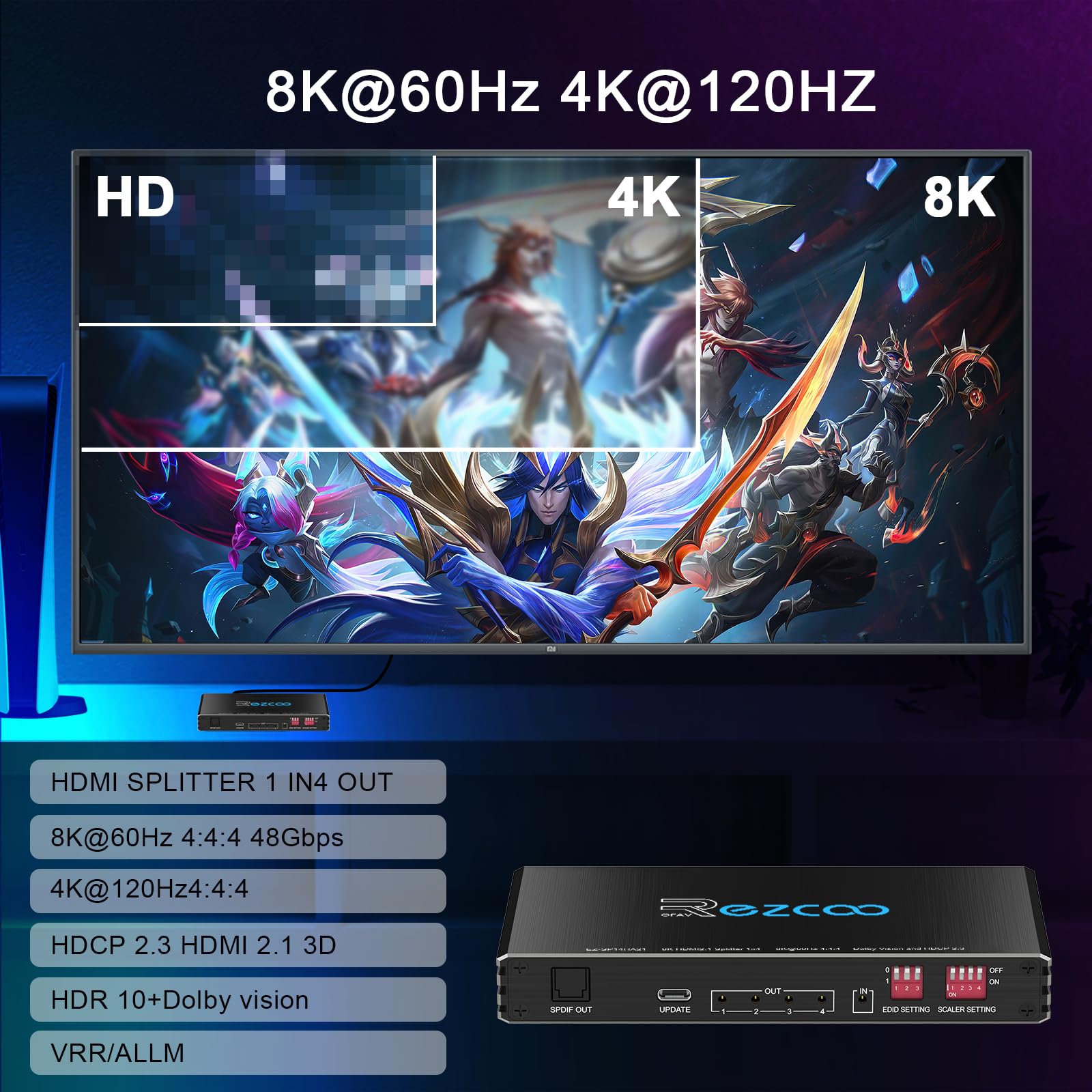 Divisor HDMI 2.1 4K 120Hz 1 EN 4 Salida con Extractor de Audio VRR ALLM HDCP2.3 HDR10+ Óptico SPDIF y Audio AUX de 3.5mm EDID Scaler 4K 1080P Divisor HDMI 1 EN 4 Salidas para PS5 Xbox NVIDIA