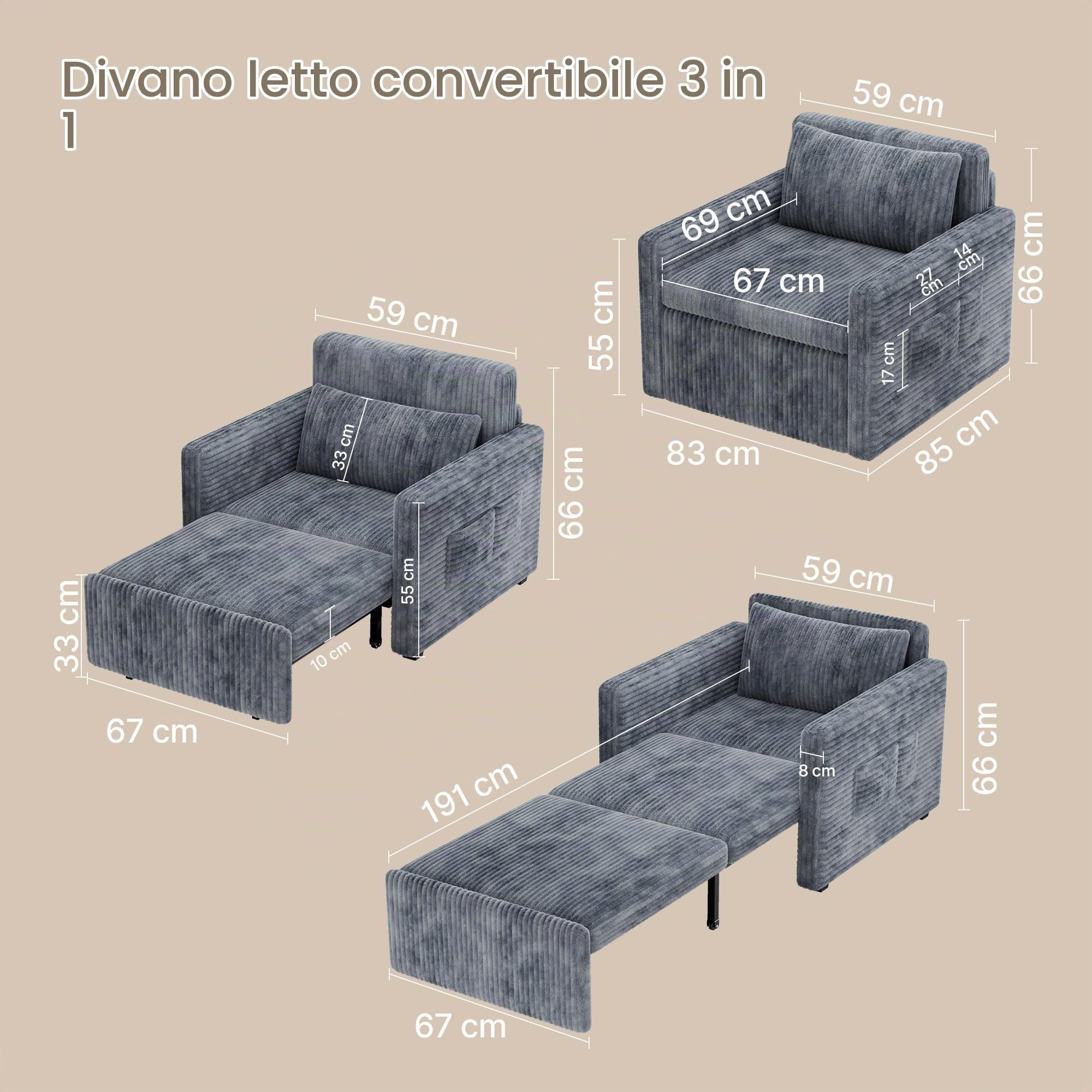 Xbro Poltrona Letto 3 in 1 Estraibile, Poltrona Letto Singolo Compatta per Ospiti e Piccoli Spazi, Divano Letto Salvaspazio con Tasche Laterali, 83x83x75 cm/Letto 196x69 cm, Grigio Scuro