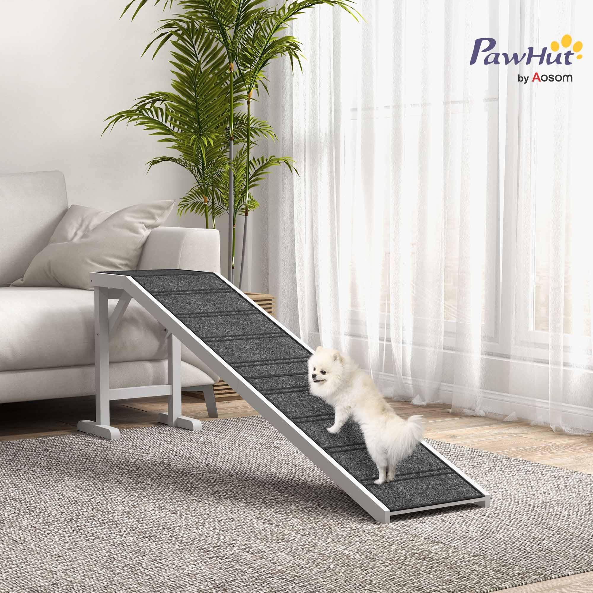PawHut Rampe d'accès pour Chien avec Tapis antidérapant et Plateforme supérieure, Blanc et Gris