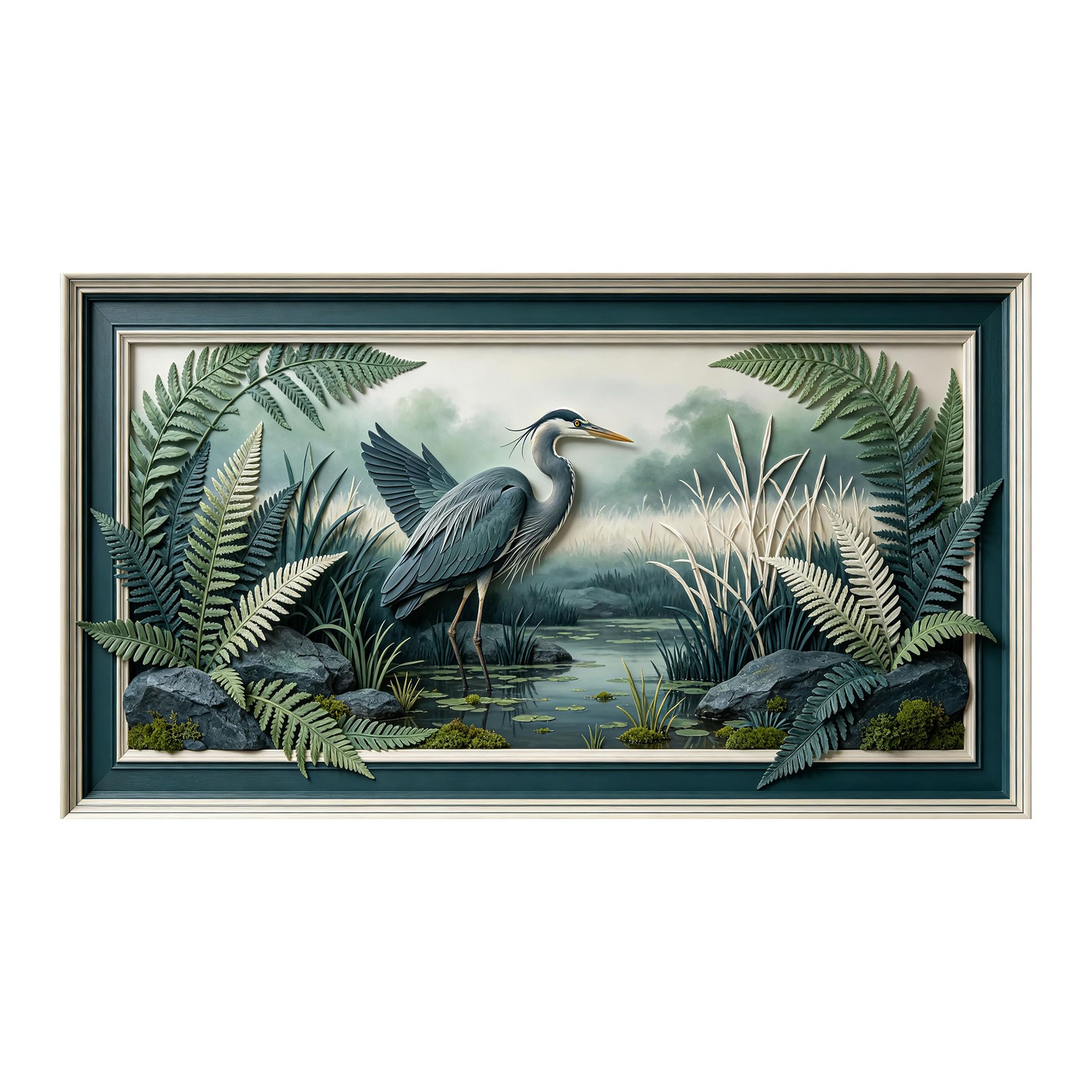 Yzpallescene 3D 3D Framed Wall Art 50cm×90cm Heron Wetland Landscape Botanical 3D Effect Large Size SelfAdhesive Removable Wall Decor Prints Artwork for Living Room Bedroom Office