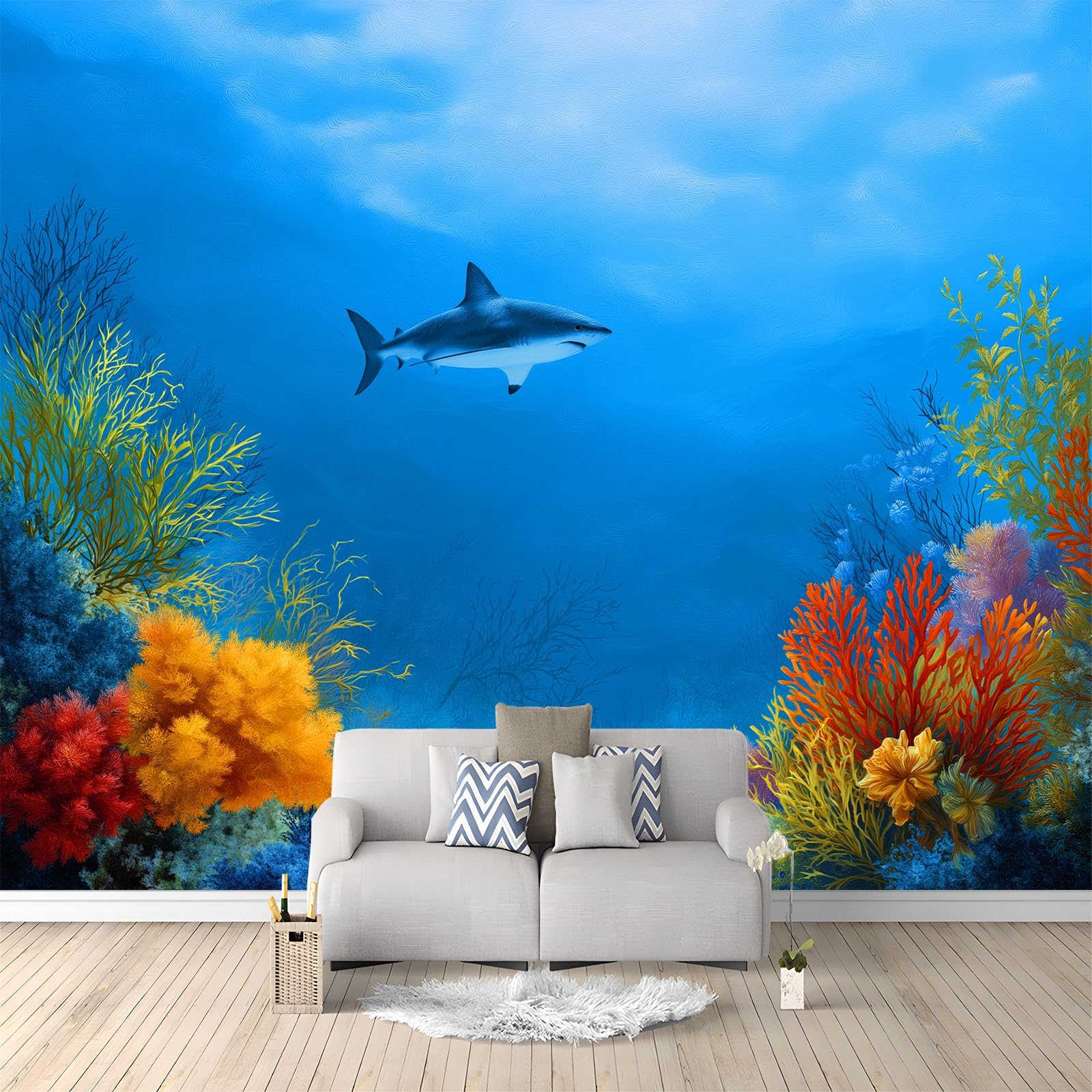Genérico 300 x 210 cm, papel pintado panorámico azul, papel pintado fotográfico no tejido, revestimiento de pared, decoración de salón, para dormitorio, efecto 3D, acuario, animales peces