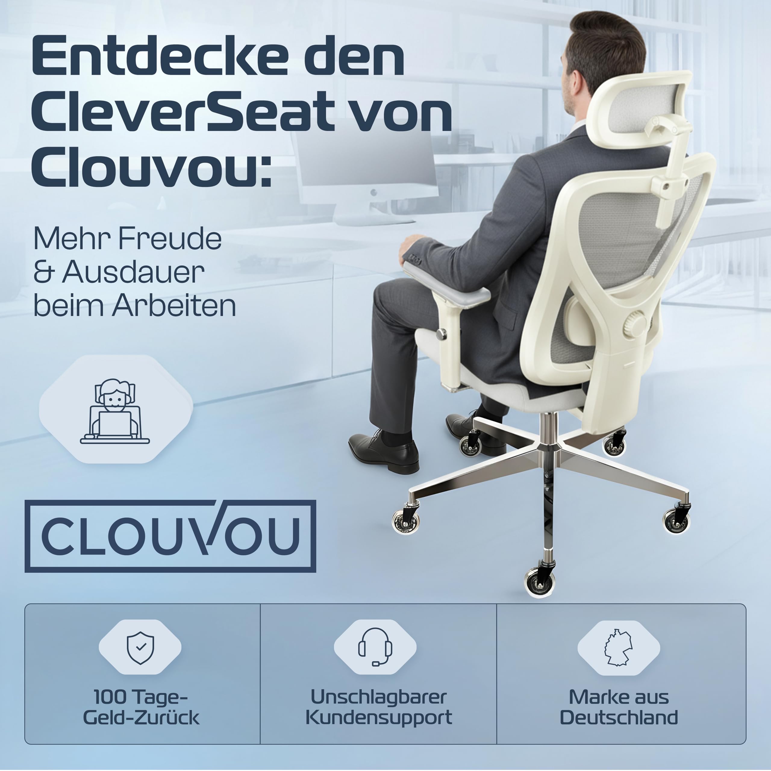 CLOUVOU CleverSeat Bürostuhl Ergonomisch [TESTSIEGER] | Drehstuhl 150kg Schreibtischstuhl | Büro Stuhl & Gaming Stuhl | Home Office Chair Ergonomic | Atmungsaktiver Computerstuhl