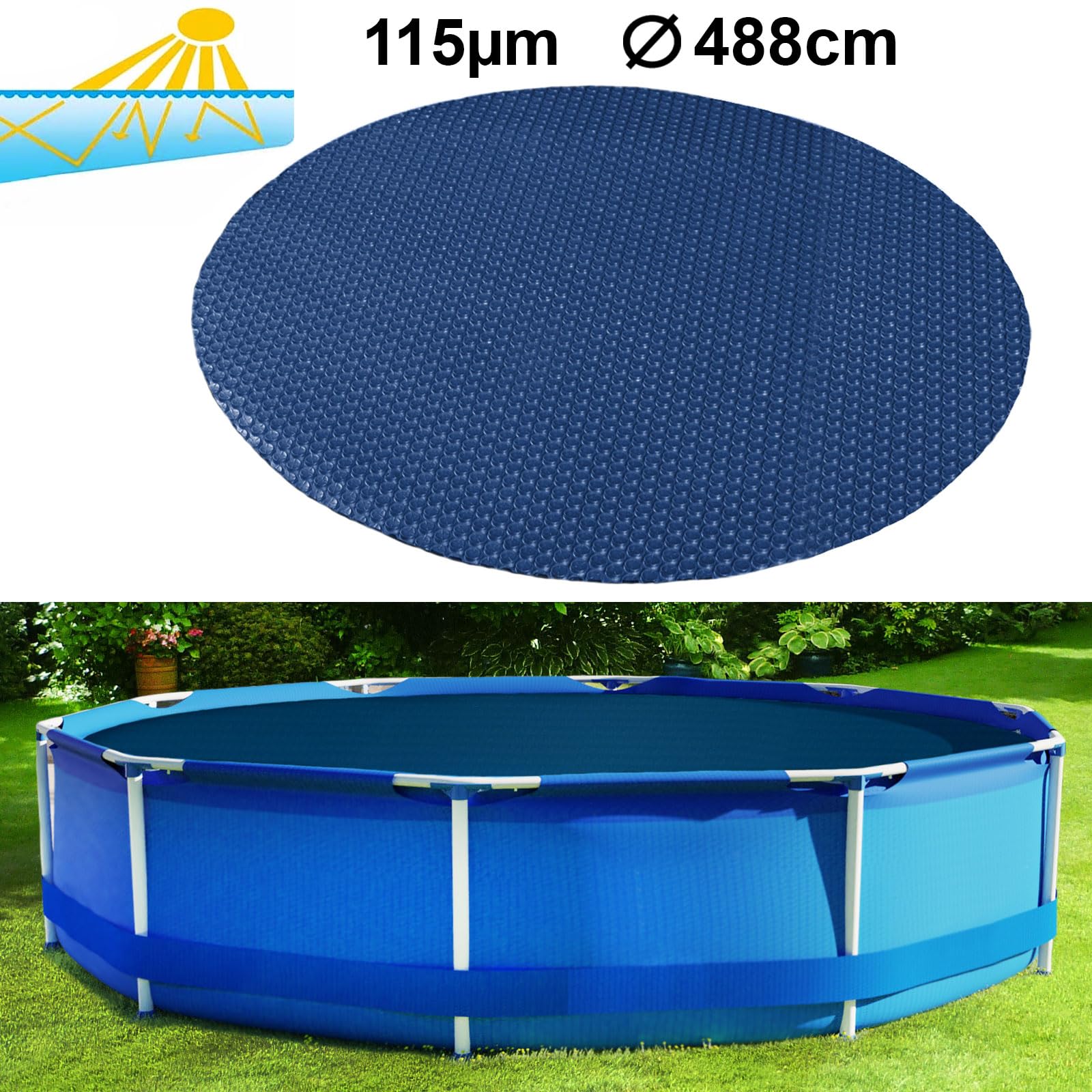 488cm Pool Solarplane Poolheizung Solarfolie Abdeckung Rund Blau Schwarz 115µm