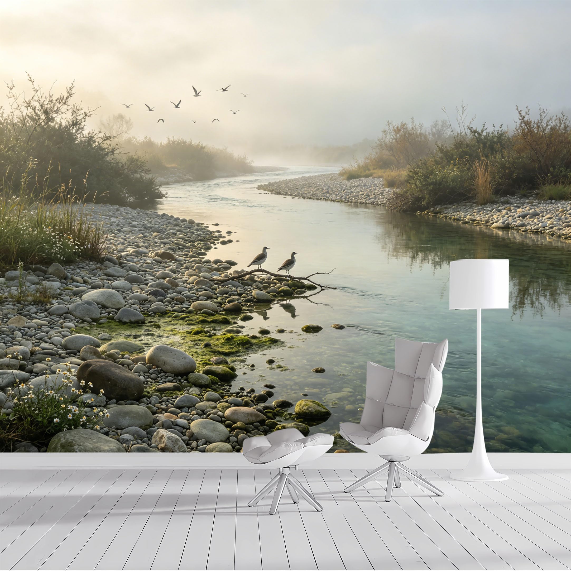 Custom Size Wall Mural Misty River Birds Landscape Nature Watercolor SelfAdhesive Wall Fabric Removable Peel and Stick Wallpaper Wall Decor for Living Room Bedroom Bathroom