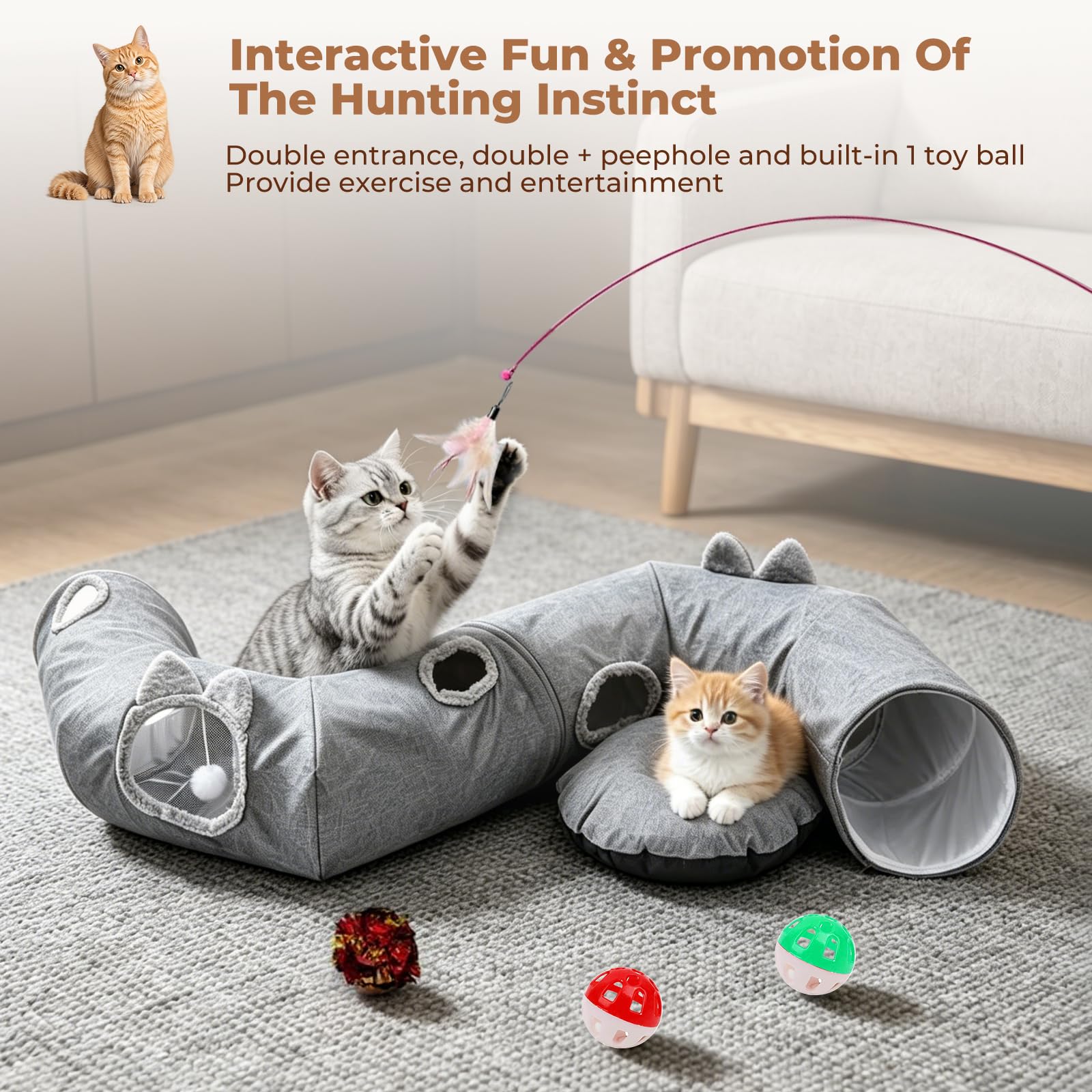 Tunnel per Gatti con Letto,Tunnel a Ciambella in Lino,Tunnel di Gioco Pieghevole in Resistente,per Gatti,Gattini,Conigli,Cuccioli