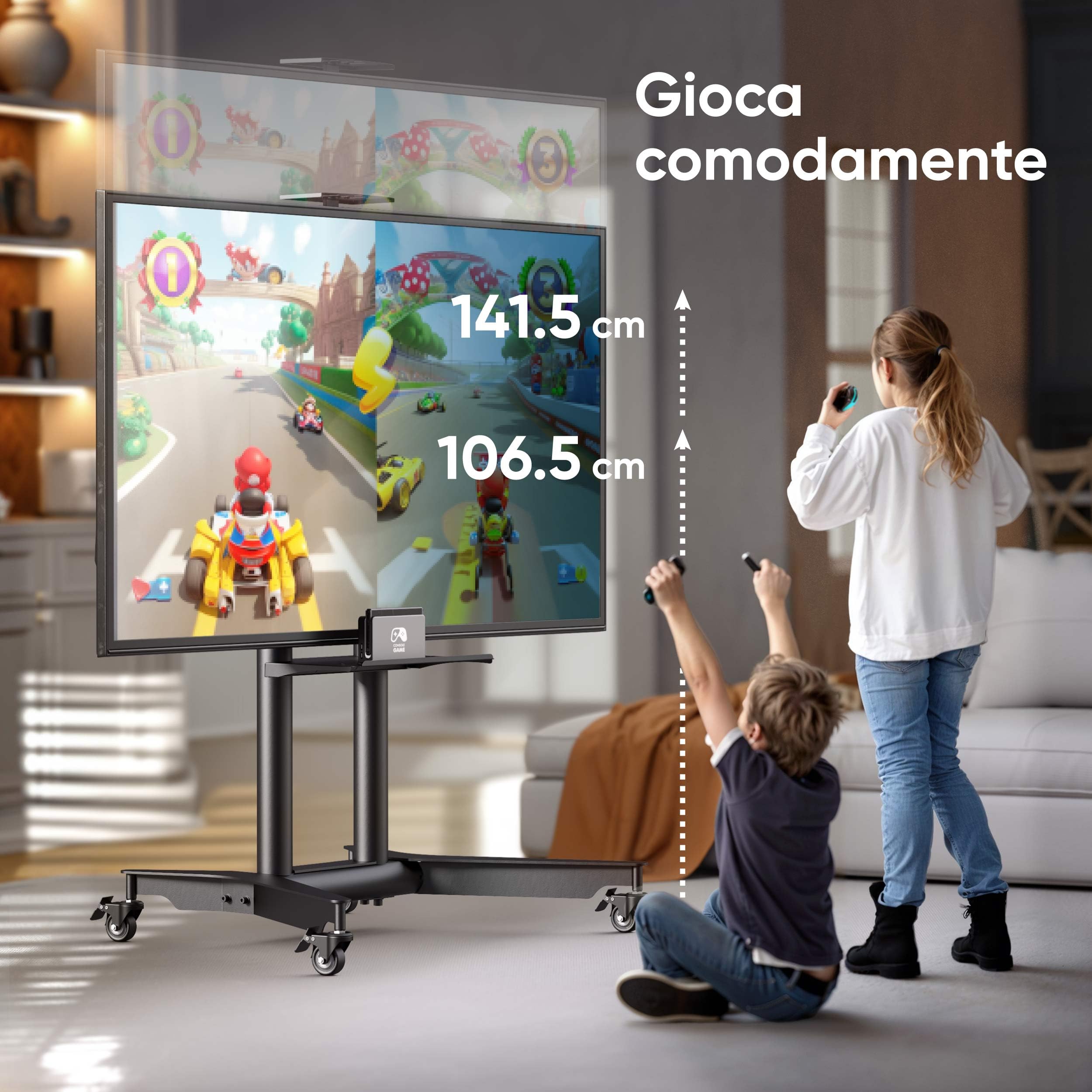 ONKRON Supporto TV con Ruote 32"-75", 50 kg, max VESA 600x400, TS1571-B | Carrello per TV nero, altezza 1065-1415 mm, ripiani AV e mensola per webcam, ruote bloccabili; per aule, eventi e riunioni