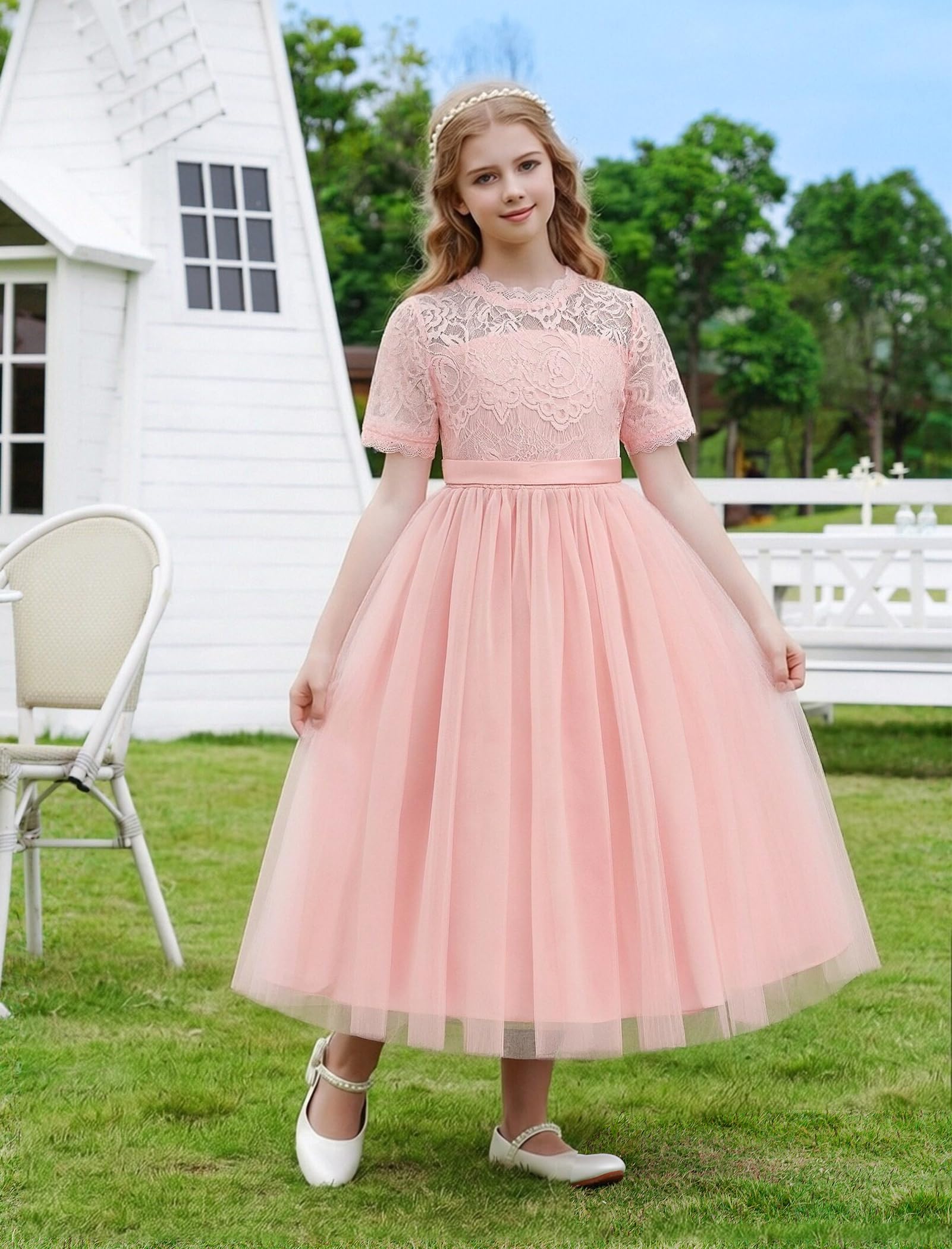 Vestido de encaje de manga corta para niñas, cuello redondo, tutú de tul, vestido de princesa, para cumpleaños, dama de honor, boda, fiesta, concurso, primera comunión, vestido de graduación