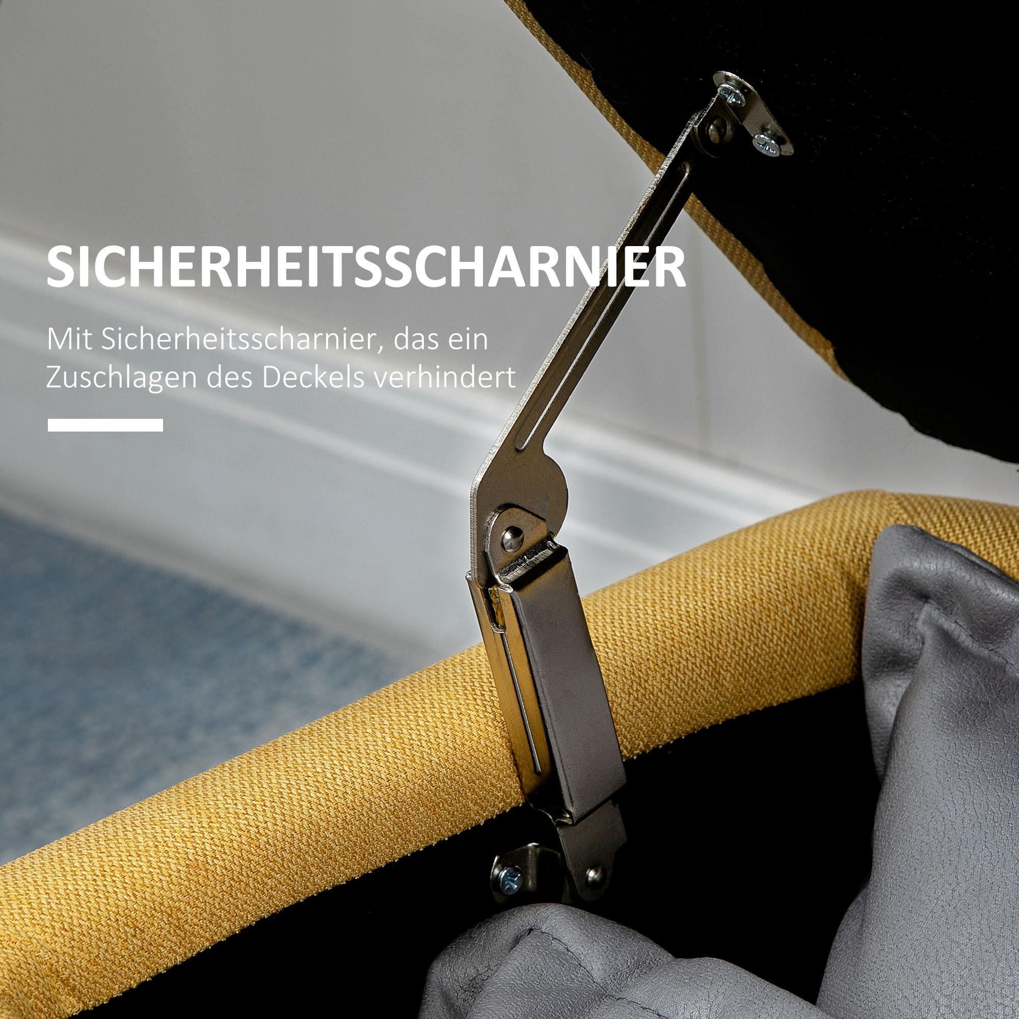HOMCOM Sitzbank mit Stauraum, Polsterbank mit Leinenoptik, Sitztruhe mit Stahlbeine, Truhenbank für Wohnzimmer, Flur, Schlafzimmer, Bettbank bis 150 kg belastbar, 101 x 38,5 x 44,5 cm, Gelb