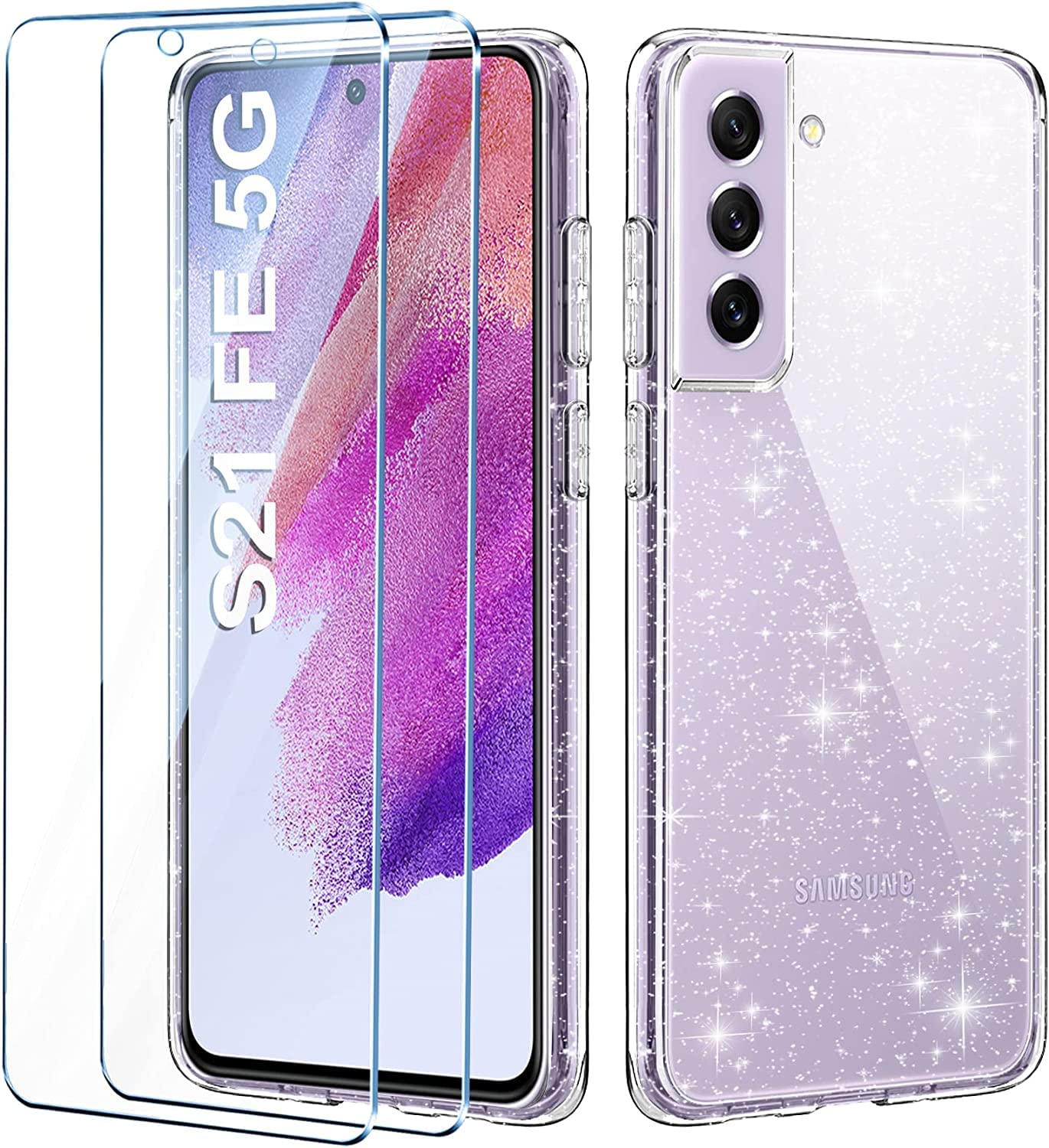 RYMALL Clear Glitter Case Compatible with Samsung Galaxy S21 FE Case with 2 Pack Tempered Glass Screen Protector, Soft Bumper Anti-Scratch Transparent Sparkle Cover Samsung Galaxy S21 FE 5G 6.4"