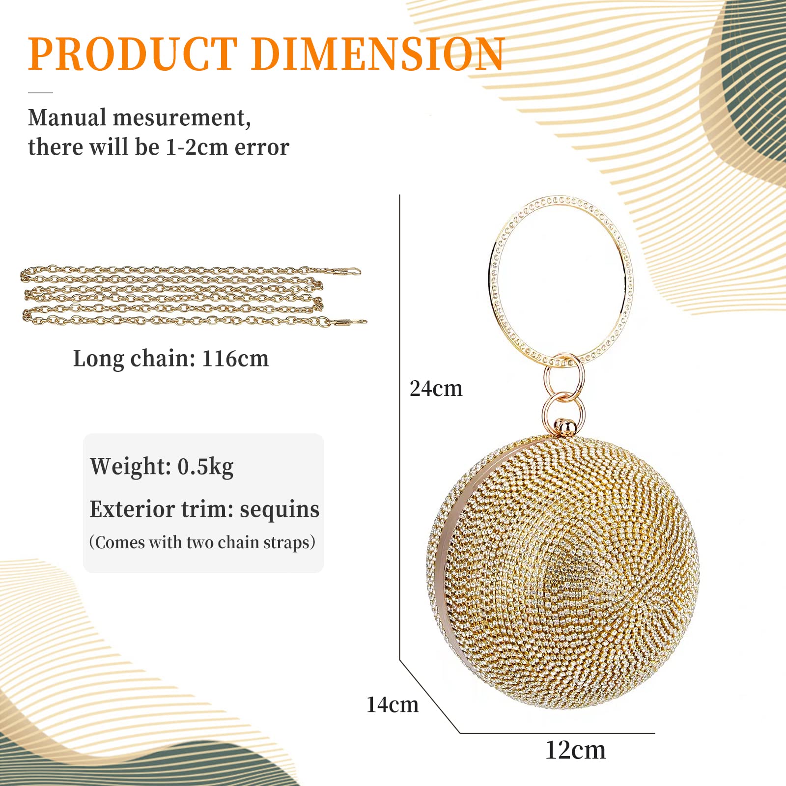 CORIOS Sac de Soirée pour Femme Rondes Boule Cristal Soirée Pochette Diamond Embrayage Sac en Strass à la Main Sacs Fourre-Tout Sacs D'épaule de Mariée pour Fête Banquet Mariage Bal Or