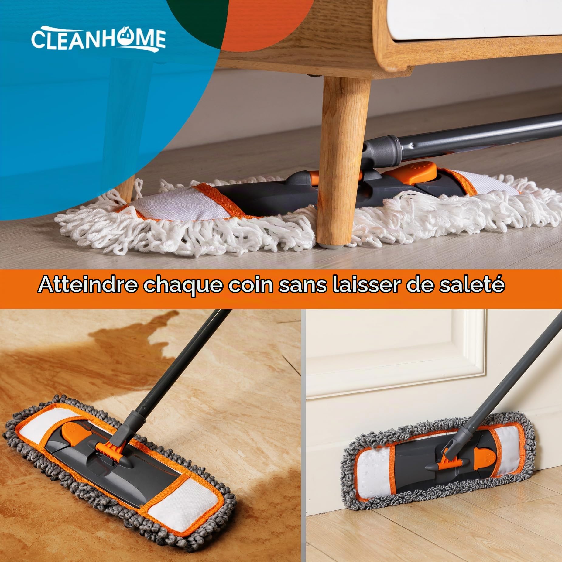 CLEANHOME Balai pour Nettoyage du Sol avec 3 serpillères lavables différents et Manche Extensible de 140 cm de Long, Balai à poussière Multifonction pour Bois Dur, marbre, carrelage