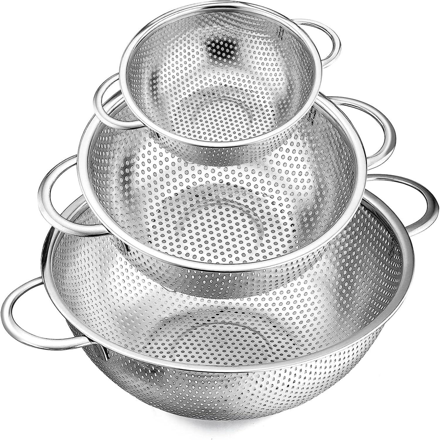 Set di scolapasta a rete microforata in acciaio triplo strato colino impilabile con mania per risciacolare le verdure scolare la pasta il riso e i cereali