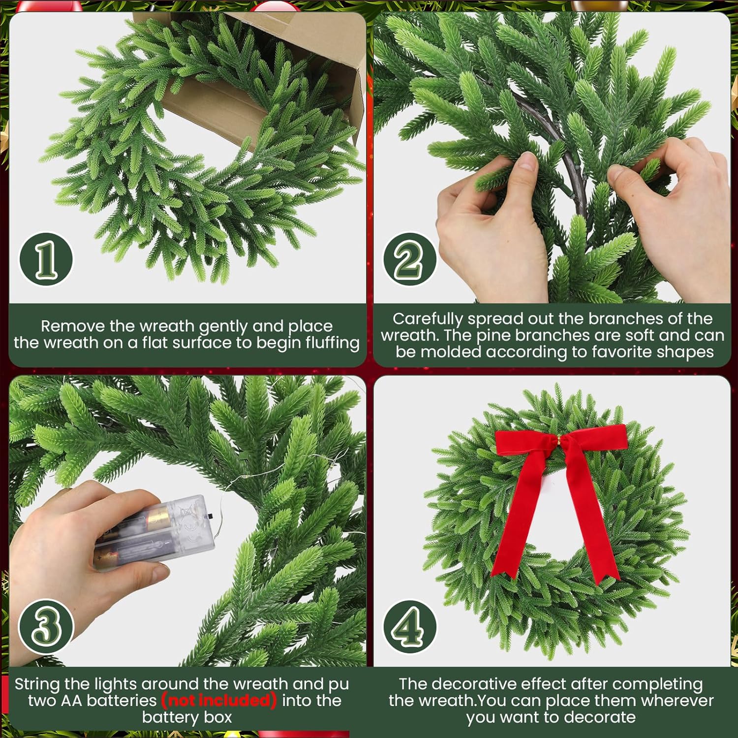 4 Pcs Light Up Christmas Norfolk Pine Wreaths with Bows 16 Inch Christmas Norfolk Wreaths with Pre-Lit Artificial Xmas Wreath for Door Wall Indoor Outdoor Xmas Decor