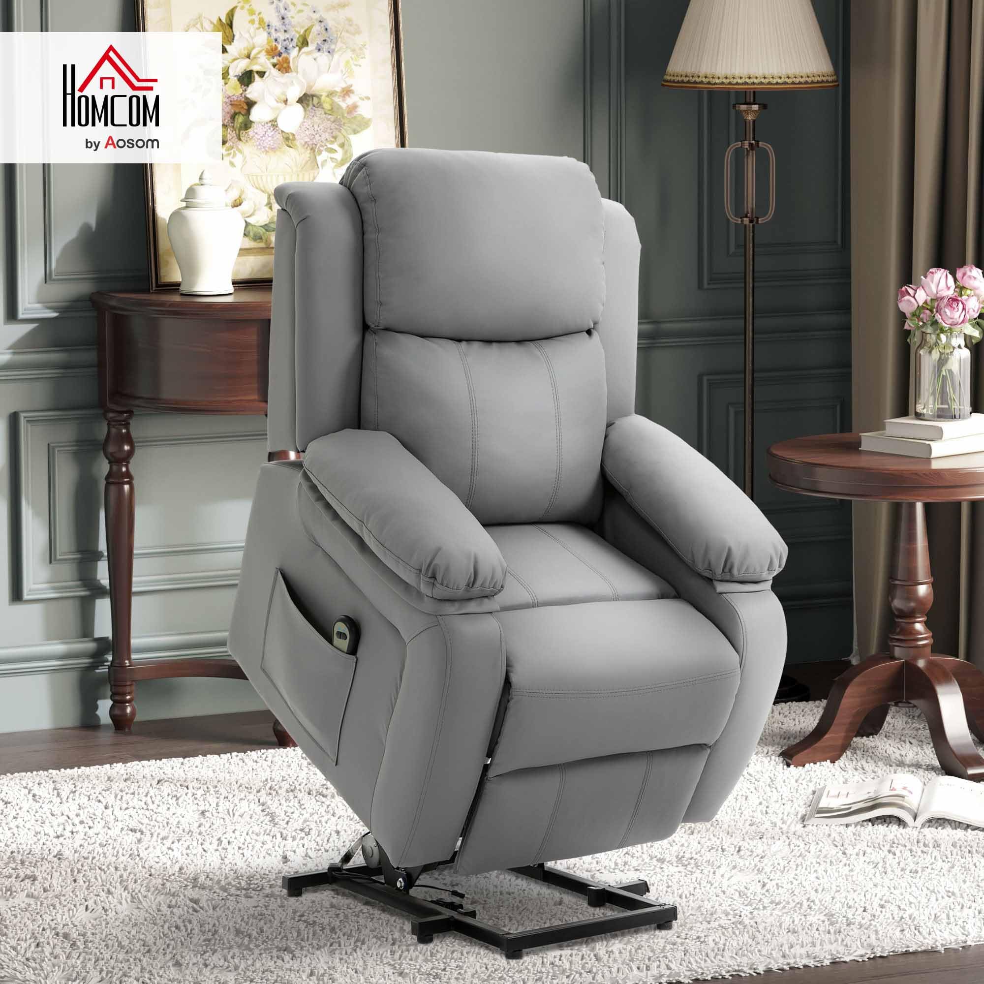 HOMCOM Poltrona Elettrica Alzapersona Reclinabile 160°, Poltrona Relax Elettrica in Pelle PU con Telecomando, Poggiapiedi e 2 Tasche Laterali per Soggiorno, Grigio